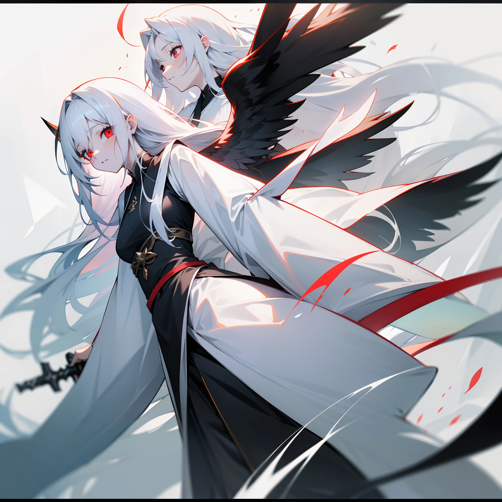 Black and white winged angel，Long pale yellow hair to the waist，Long flowing hair，Dark red eyes，long sword。The eyes are deep and bright，It's like two stars，Reveal firmness and wisdom，She wore a black and white robe，The sleeves are slightly fluttering in the wind