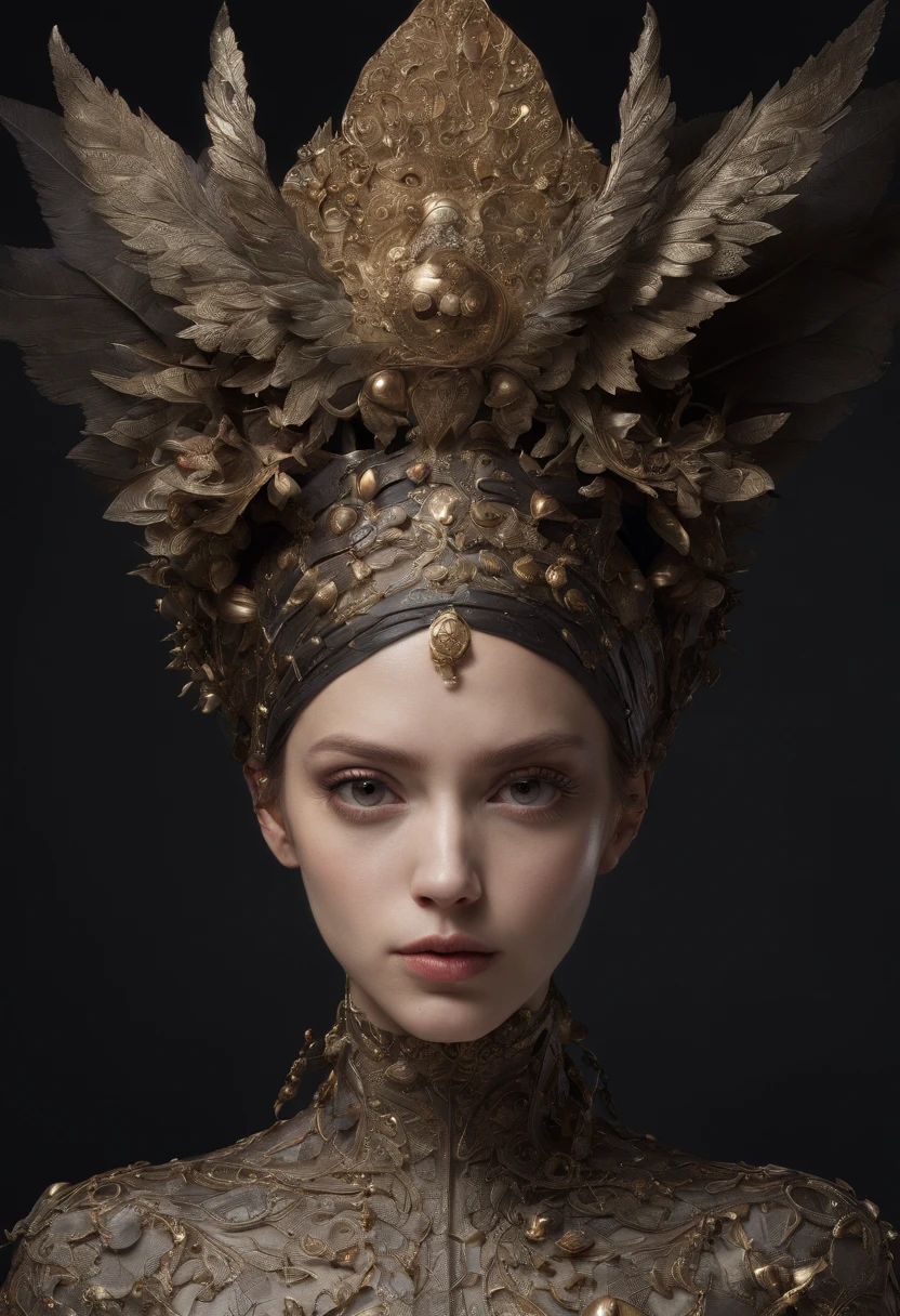 high fashion model influenced by Giuseppe Arcimboldo, her eyes and face fixed on the camera lens, short image, symmetrical eyes, ultra hd, realistic, vivid colors, highly detailed, UHD drawing, pen and ink, perfect composition, beautiful detailed intricate insanely detailed octane render trending on artstation, 8 k artistic photography, photorealistic concept art, soft natural studio lighting, chiaroscuro, award - winning photograph, masterpiece, oil on canvas, raphael, caravaggio, greg rutkowski, beeple, beksinski, giger