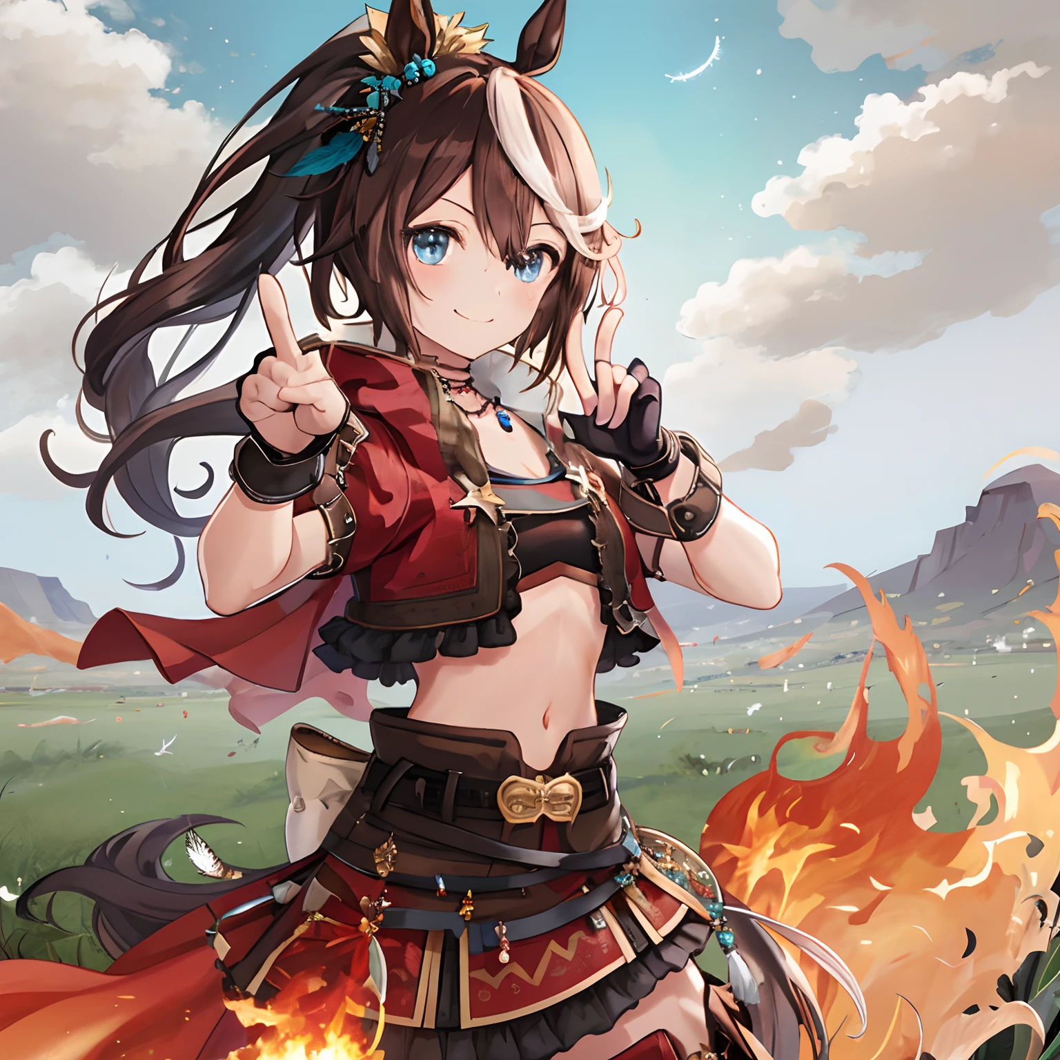 ((masterpiece, best quality)),1girl,Tokai Teio,Tokai Teio(horizon),horse ears,horse girl,brown hair,long hair,high ponytail,streaked_hair,multicolored_hair,blue eyes,jacket,cropped jacket,crop top,midriff,fingerless gloves,short sleeves,navel,skirt,belt,cape,jewelry,frills,hair ornament,hood down,necklace,thighhighs,boots,official_alternate_costume ,smile,victory pose,on grass,cloudy sky,burning feathers, fire,