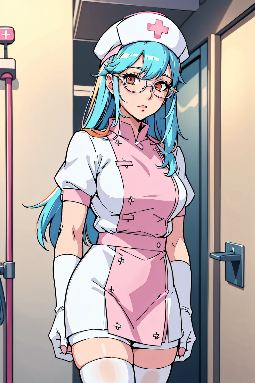 1woman, nurse, nurse cap, white wear, ((white legwear, zettai ryouiki)), white gloves, glasses, blue hair, orange eyes, pink lips, standing, ((hospital room)), sharp outline, short sleeves, mature female, 35 years old, best quality, masterpiece