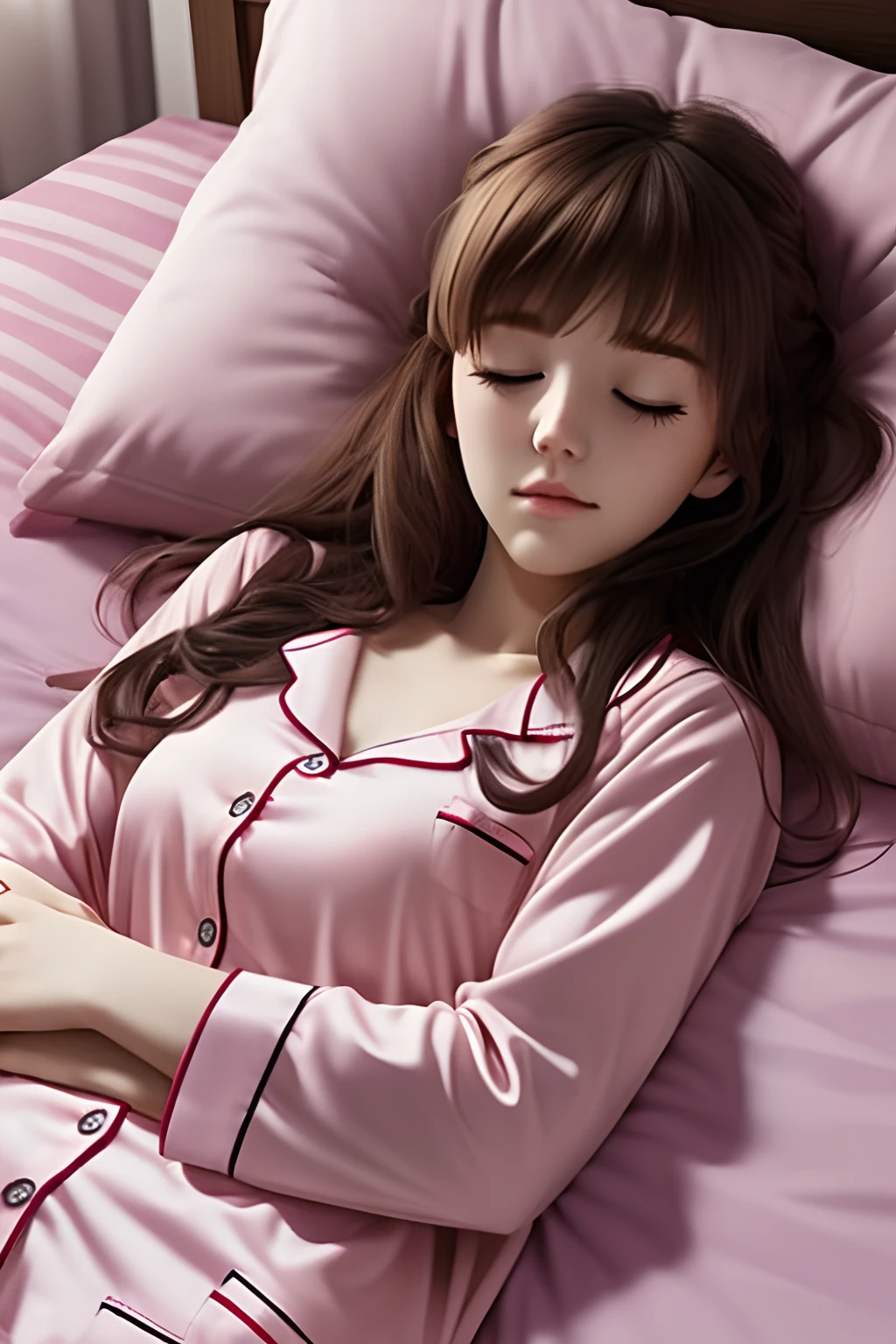 Sleeping girl, 22 years old, Realistic, Lie down in bed，Wear pink pajamas，Brown hair.