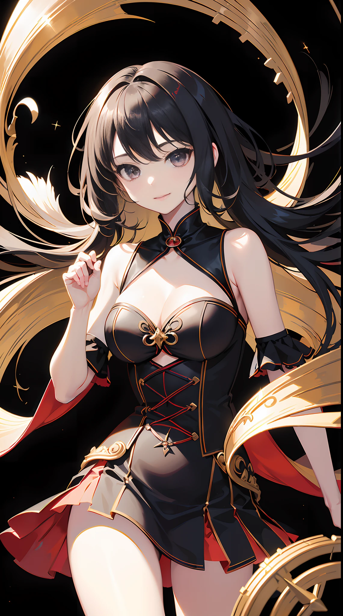 ((Good structure)),((well-composed)),Masterpiece,Best quality,Ultra-detailed,Black background:1.5),1girll,Solo,Light smile,Pretty face,((extremely delicate and beautiful girls)),Dynamic Angle,(Beautiful detailed eyes:1.2),( Chiaroscuro,Fuji colors, hyper HD, Super detail ,primitive,85mm,f/1.2,Fujifilm XT4,),Amazing,Fantasy red and black theme,see-through cloth,(Magic lightning:1),,