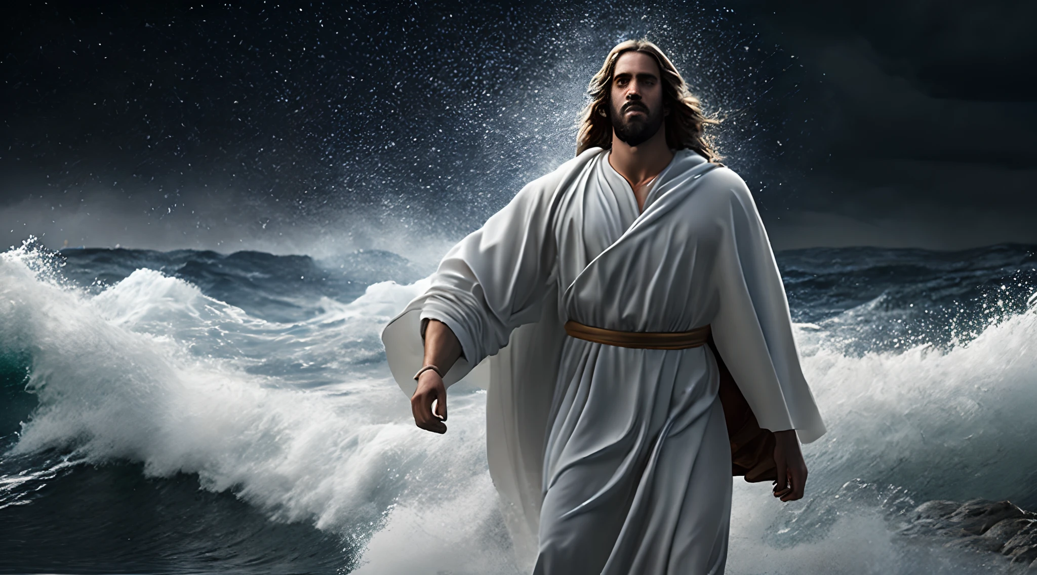 Jesus Christ walking on water in a storm, white robes, waves, soft expression, dark sky with lightning, lightning, photo realism, masterpiece, high quality, high quality, highly detailed CG unit 8k wallpaper, award-winning photos, bokeh, depth of field, HDR, bloom, chromatic aberration, realistic, very detailed, trend in CGsociety, complex, high detail, dramatic, volumetric lighting