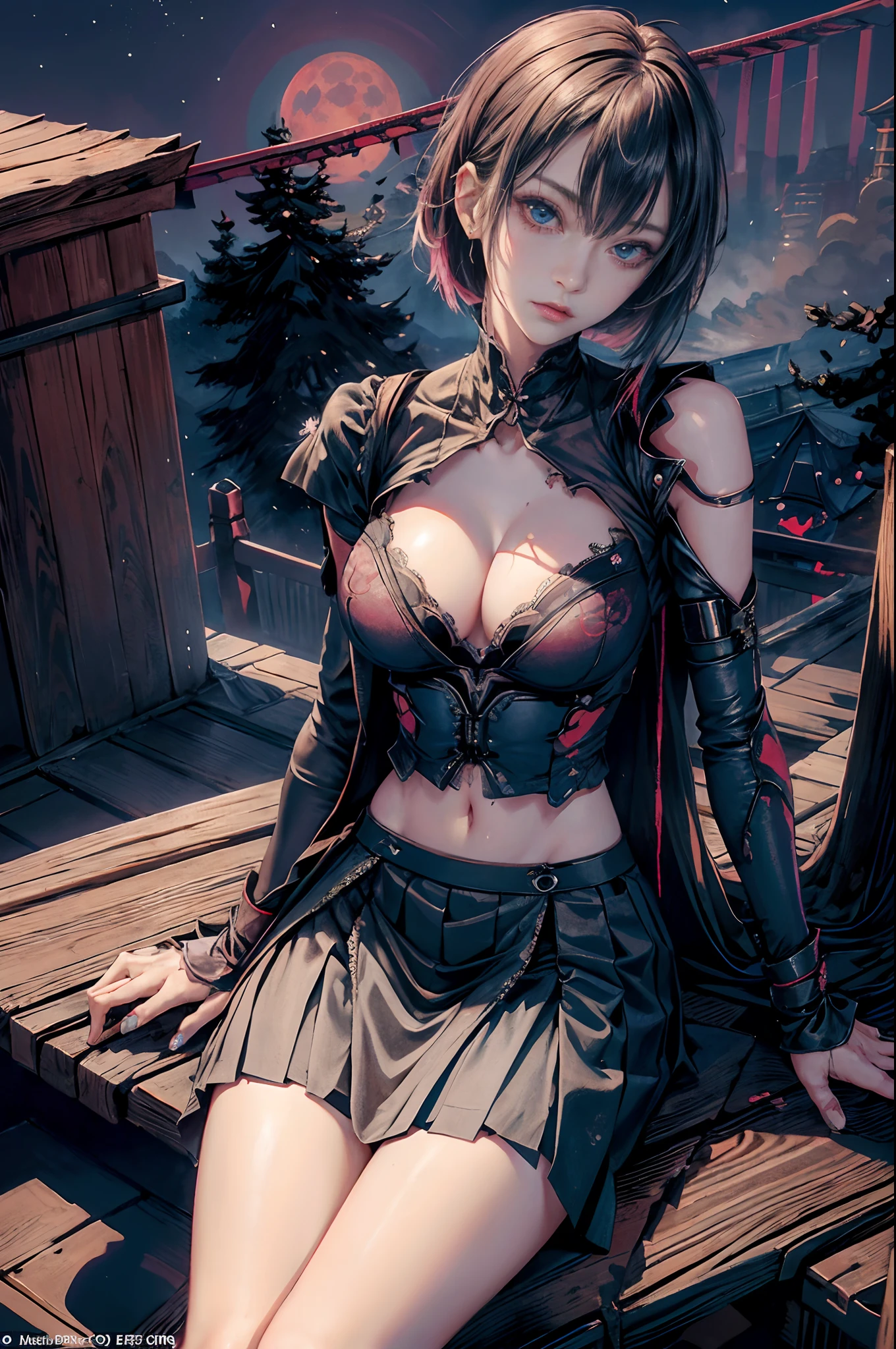 masutepiece,1girl in, Best Quality,cyberpunked,(Alternative、dim colors, Soothing tones:1.3),NSFW(Beautuful Women、Detailed beautiful facial features、Medium bob、blue eyess、slenderbody:1.3)(Normal breasts、cleavage of the breast、suits、skirt by the、Thigh exposure、Ripped clothes:1.5).Cyber City Destroyed、(sitting on:1.8)（Inside the old train、Japan sword is placed、deep in the night、Red Moon:1.5）