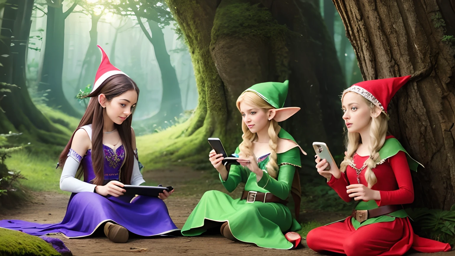 Elves and fairies using smartphones