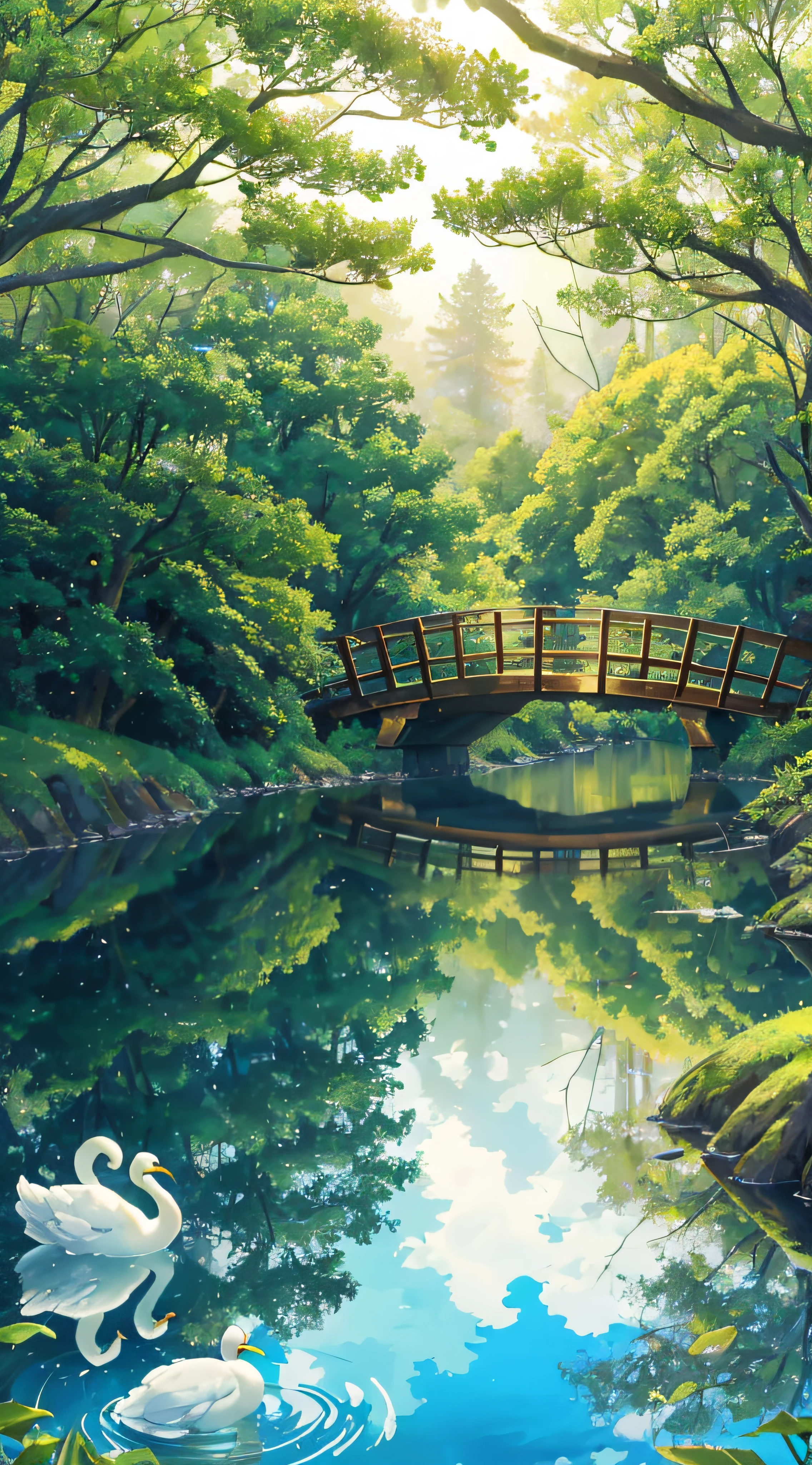 An enchanted forest, with green trees, a lake with crystal clear water passing in the middle, a wooden bridge crossing the lake, swans in the lake, sunlights crossing the forest, reflections of sun in the water, delicate iamgens, HD,