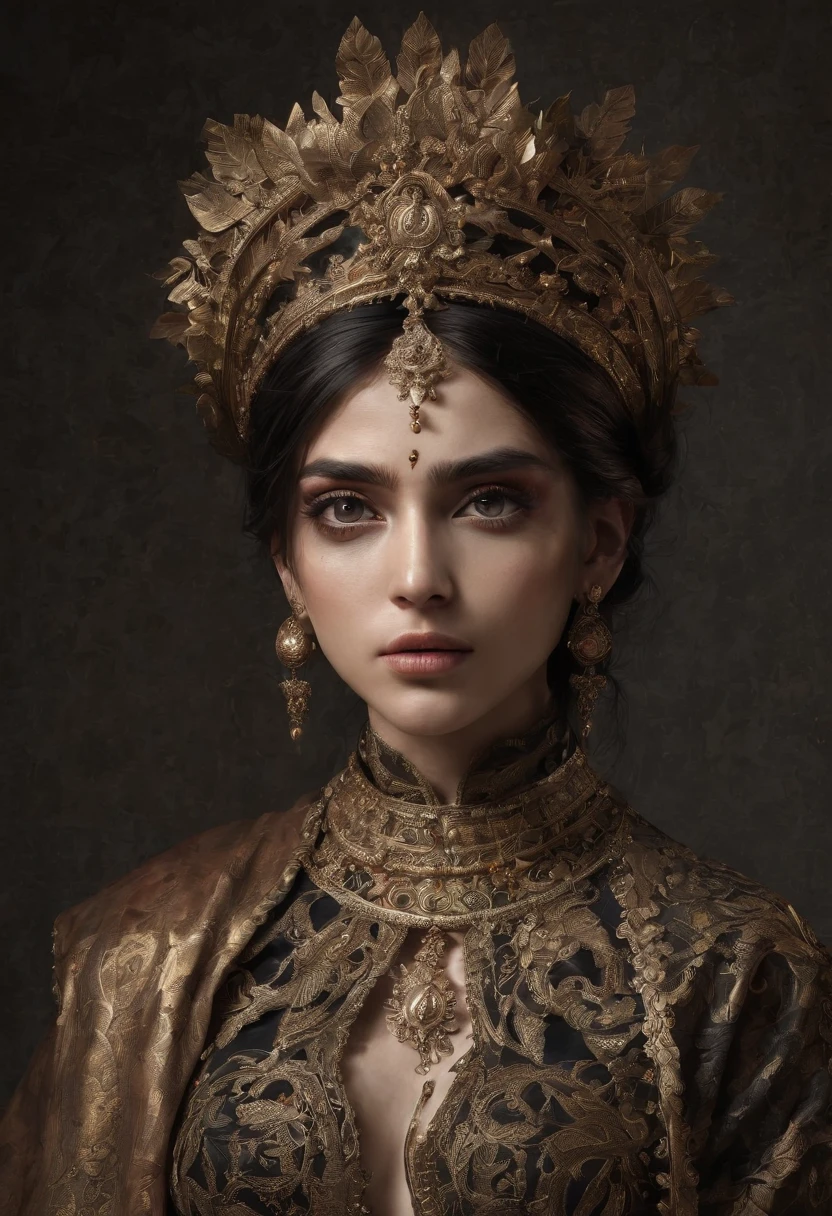 high fashion model indian, her eyes and face fixed on the camera lens, short image, symmetrical eyes, ultra hd, realistic, vivid colors, highly detailed, UHD drawing, pen and ink, perfect composition, beautiful detailed intricate insanely detailed octane render trending on artstation, 8 k artistic photography, photorealistic concept art, soft natural studio lighting, chiaroscuro, award - winning photograph, masterpiece, oil on canvas, raphael, caravaggio, greg rutkowski, beeple, beksinski, giger