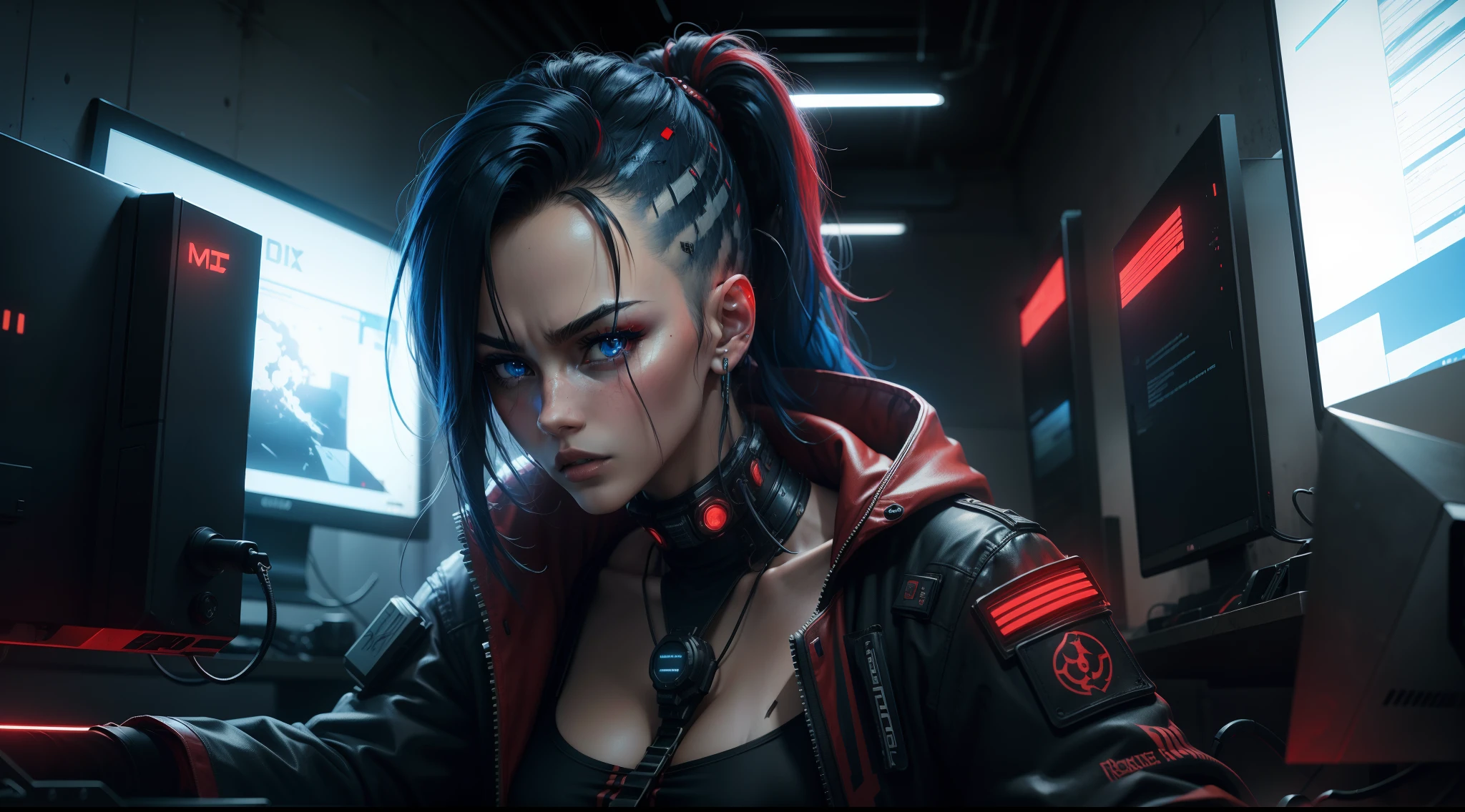 Cyberpunk, war, red and blue, 4k, masterpiece, wallpaper