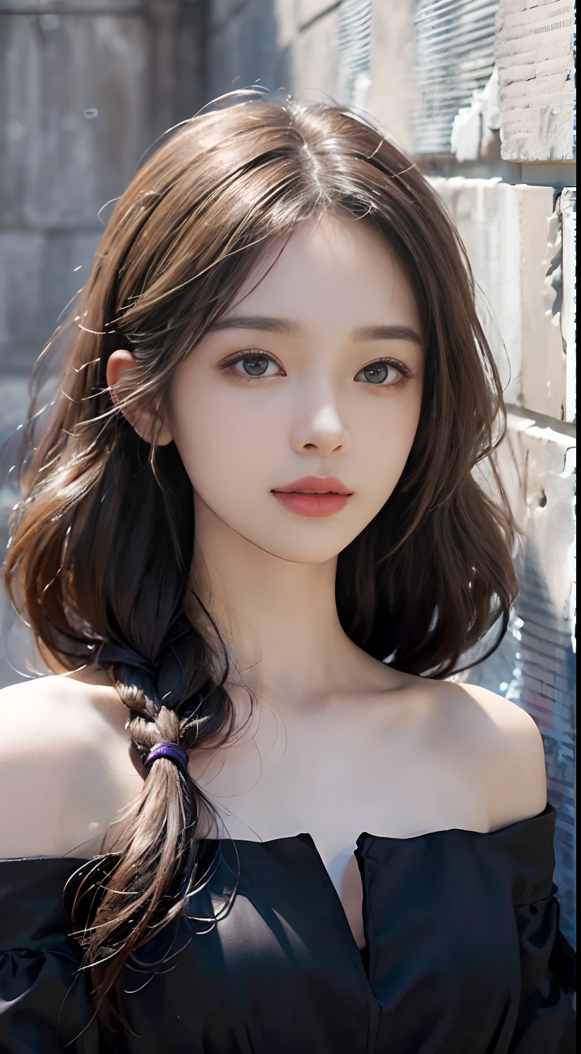 (ultra-realistic realism)、(illustratio)、(A high resolution)、(8K)、(The is very detailed)、(Best Illustration)、(Beautifully detailed eyes)、(top-quality)、(ultra - detailed)、(tmasterpiece)、(the wallpaper)、(A detailed face)、独奏、1 girl in、looking at viewert、finedetail、A detailed face、in the darkness nigth、deep shading、low tune、pureerosfaceace_V1、A smile、Long、Black shawl straight hair、46-point diagonal bangs, (Silk dress、long skirt)(cropped shoulders)The view of the castle、、Stand against the wall