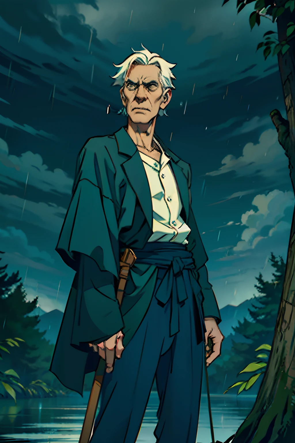 A skinny old man with a cane, exhausted from running, stopping to catch his breath, hanging on to a tree branch, background is dead trees, dark clouds, raining, mood is gloomy, depressed, fatigued, character design.