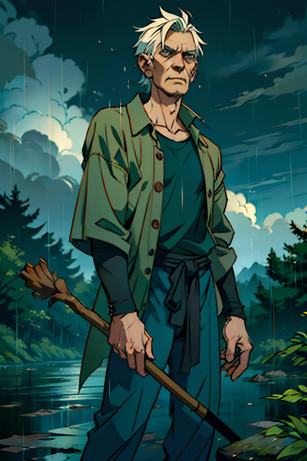 A skinny old man with a cane, exhausted from running, stopping to catch his breath, hanging on to a tree branch, background is dead trees, dark clouds, raining, mood is gloomy, depressed, fatigued, character design.