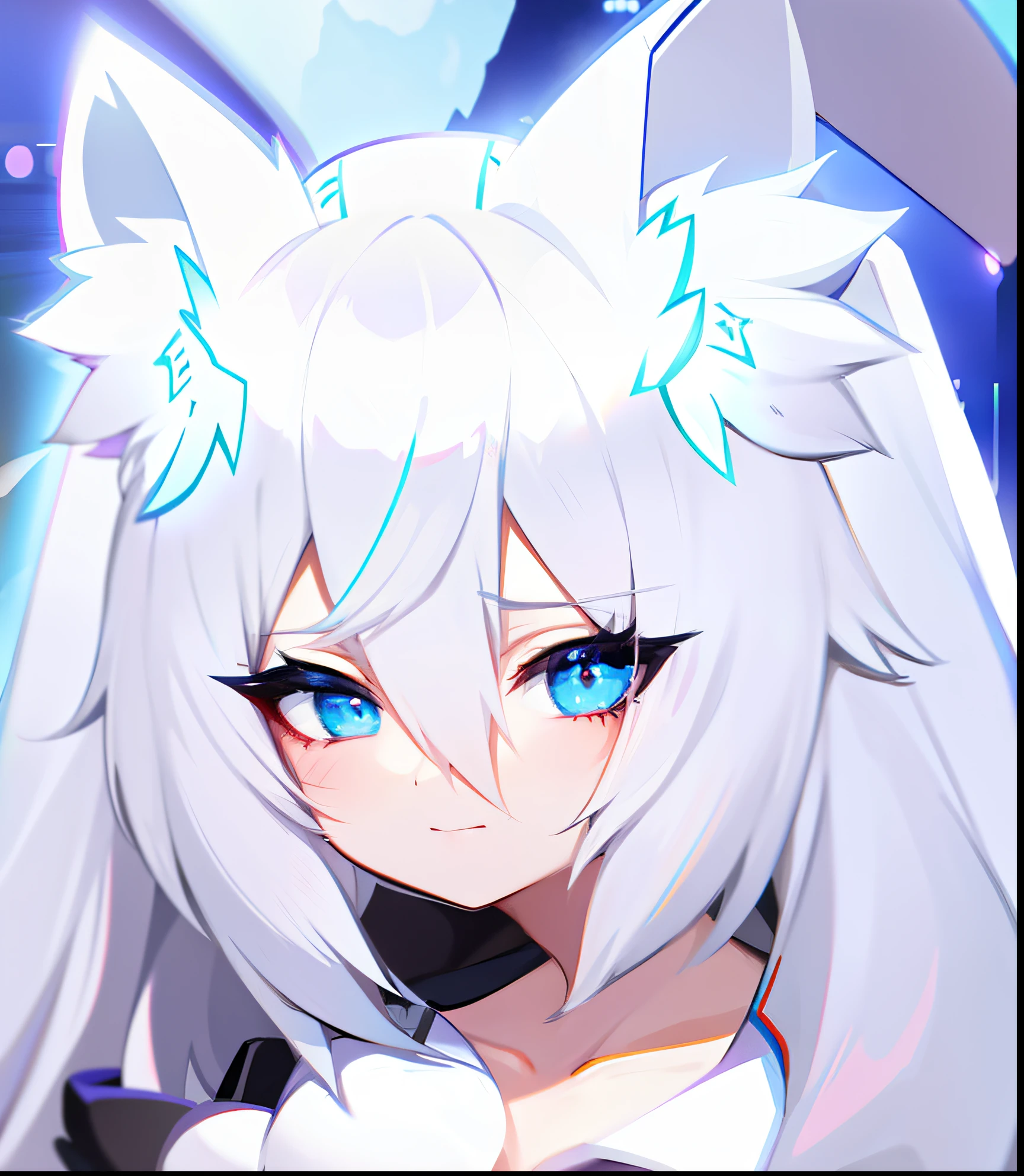 anime girl with white hair and blue eyes in front of a sky, white - haired fox, anime catgirl, white cat girl, holo is a wolf girl, cute anime catgirl, beautiful anime catgirl, white fox anime, nekomimi, white fox ears, anime girl with cat ears, holo if a wolf girl, anime cat