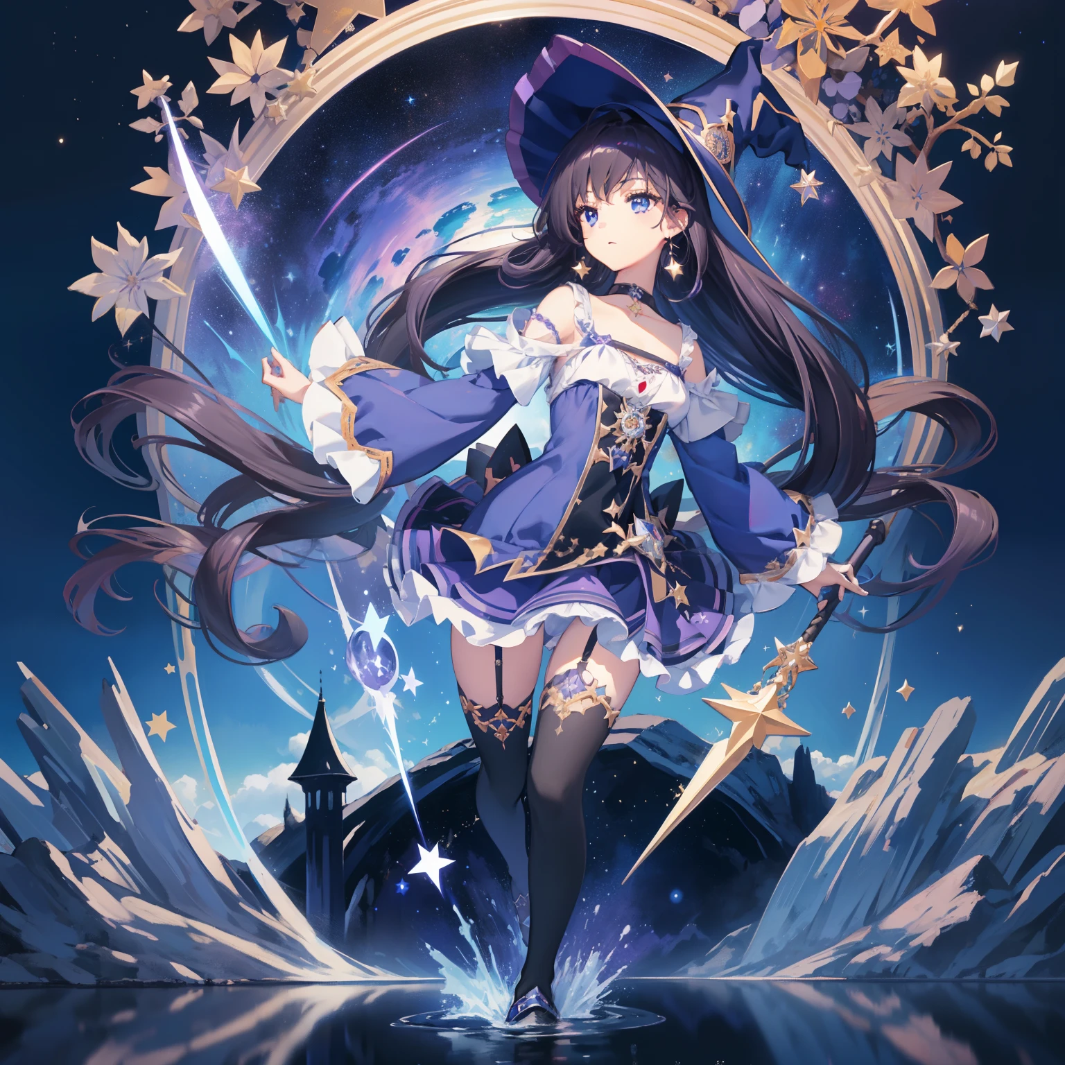 1girl in, Solo, 1girl in, Mona \(GenshinImpact\), maid, Choker, hair between eye, Star \(symbol\), hat, Long hair, Skirt, Dark purple hair, Looking at the viewer, Twin-tailed, Blue eyes, Shining eyes, earrings, Jewelry, Purple skirt, Black stockings, White shirt, Witch, Bangs, Black shoes, landscape, nigh sky, Star \(skyporn\), Starry sky, Night, plein air, Clouds, reflection, Water, Magic, tarot