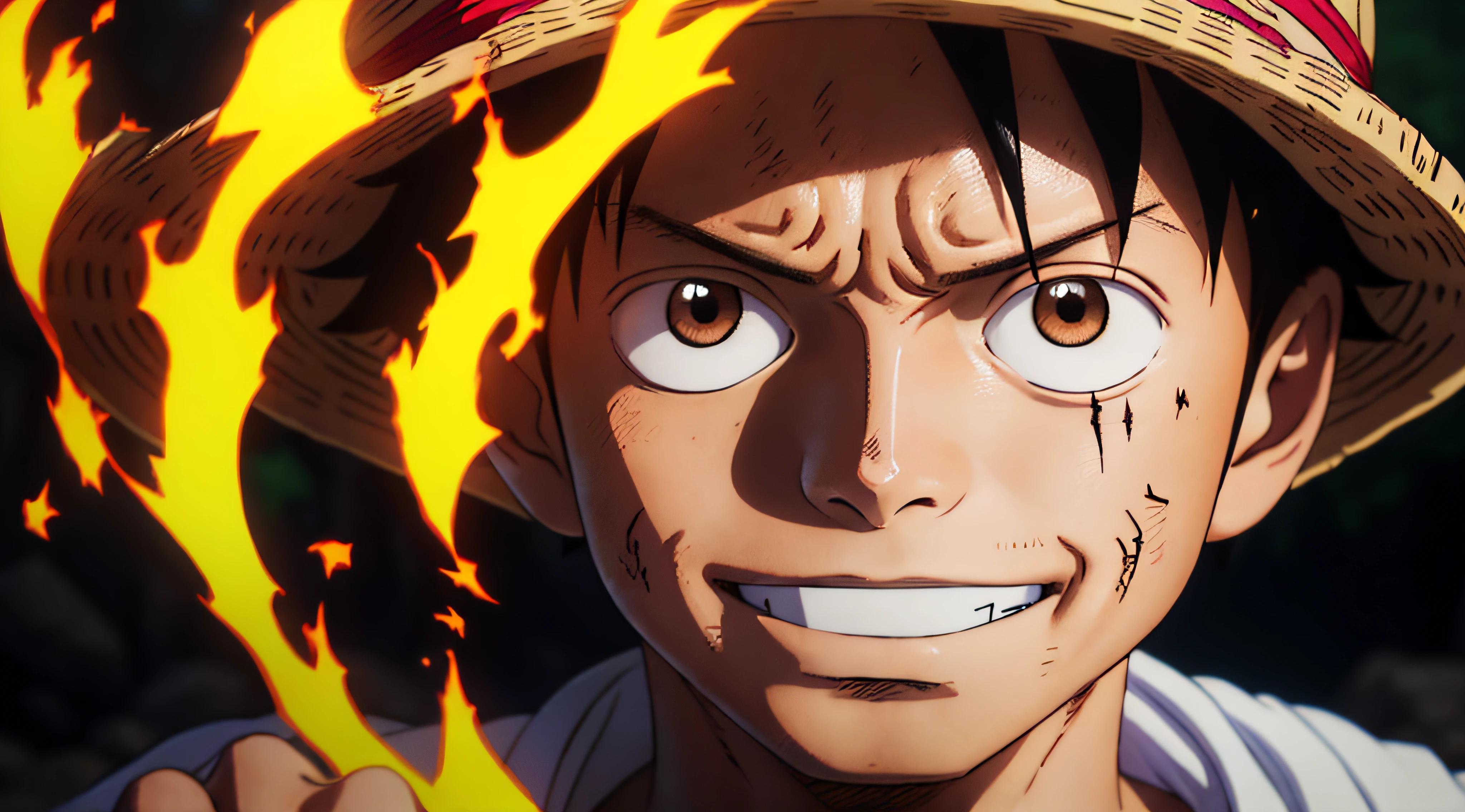 1 male, luffy, luffy gear 5 transformation, one piece, smiling, upper body, eyes are very well depicted, Facial features carefully detailed, hands carefully depicted, very muscular, dark background, 8k, best quality
