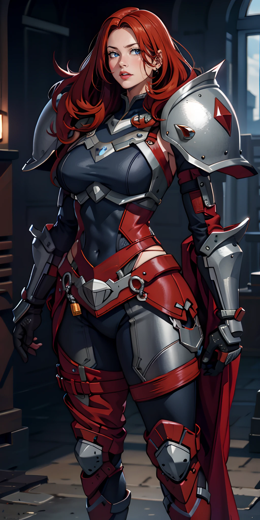Space Marine, Harhammer 40,000, World at War, Beautiful Cyberpunk Woman with Very Detailed Mecha Treatment, Vibrant Colors, Metallic Red, Bloodstained, With Sky With Clouds And Full Moon, Perfect Body, Wearing Worn Mechanical Armor, Full Body, Red Hair,