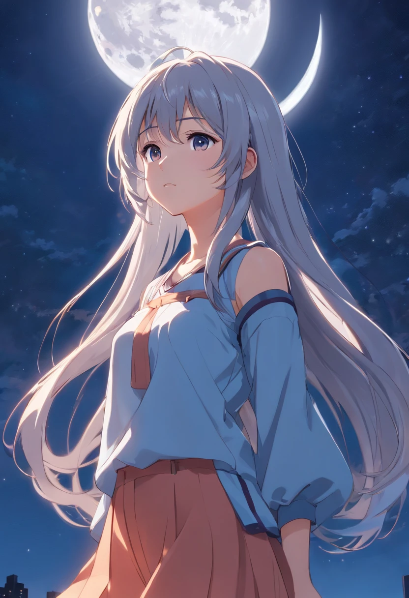 Long hair，the night，full moon，Silver-haired girl，校服