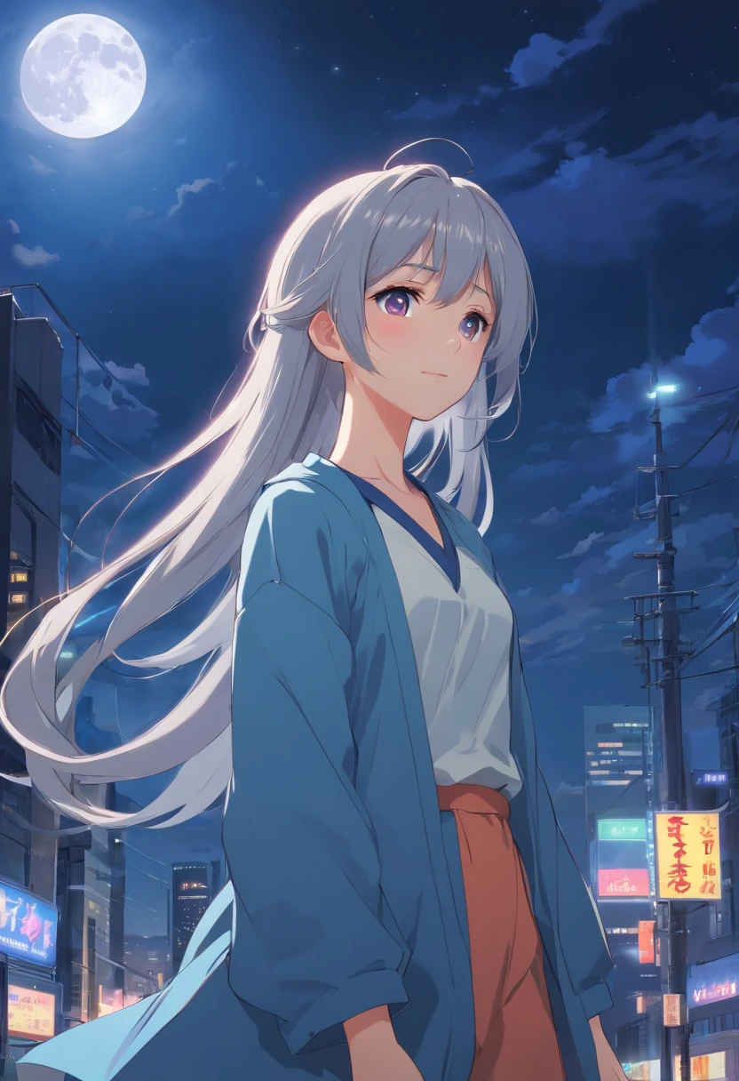 Long hair，the night，full moon，Silver-haired girl，校服