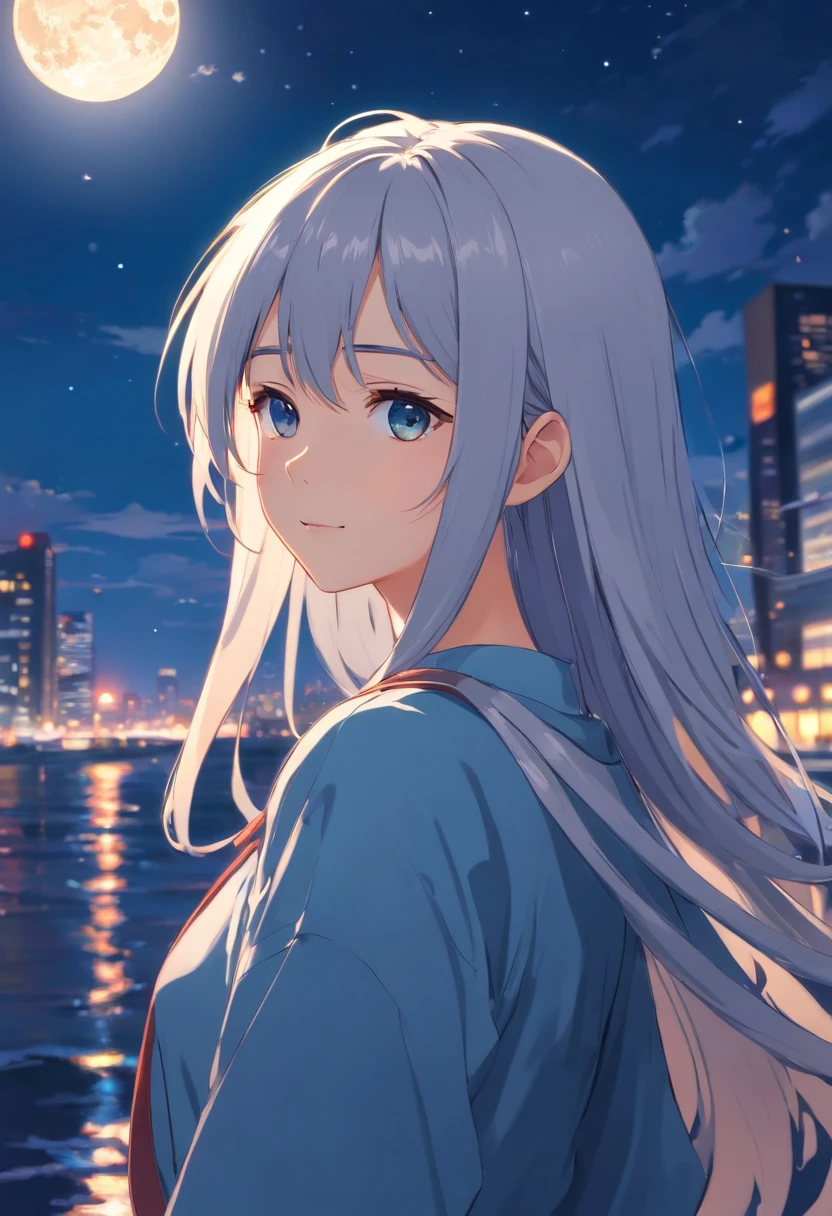 Long hair,the night,full moon,Silver-haired girl,校服