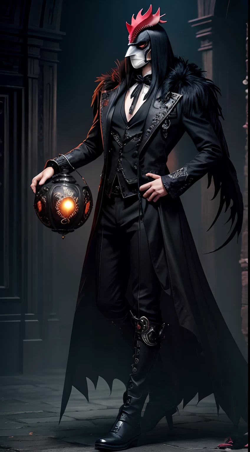 rooster mask, gothic style, creepy, sexy, dark fantasy, magic ball background, dark energy steam, full body