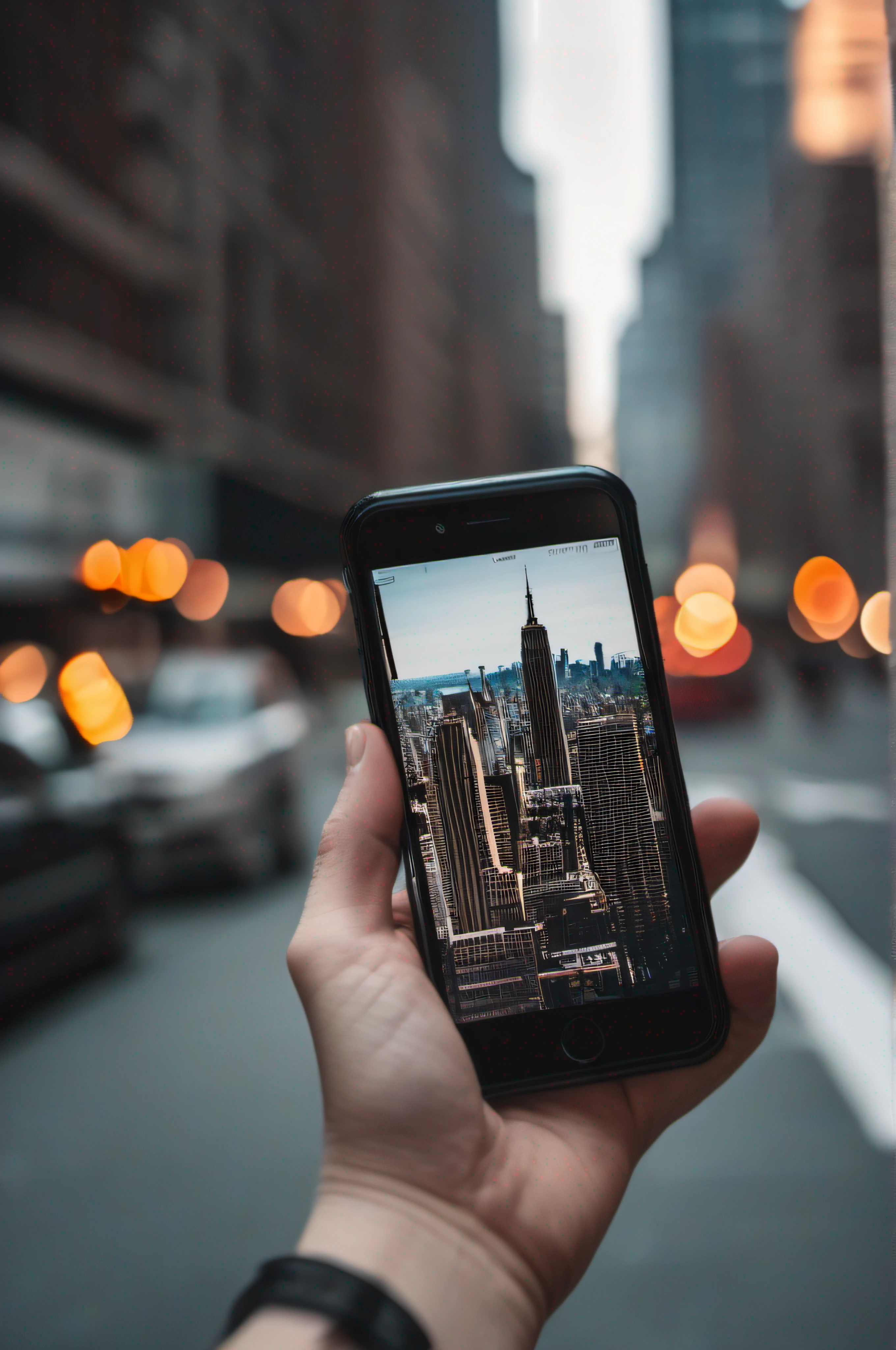 person holding an iphone with a picture of New York, realistic, minimalist, realistic, studyblr, captured with [a Nikon D850(camera)] and [a Nikkor 24-120mm f/4G ED VR lens (lens)]