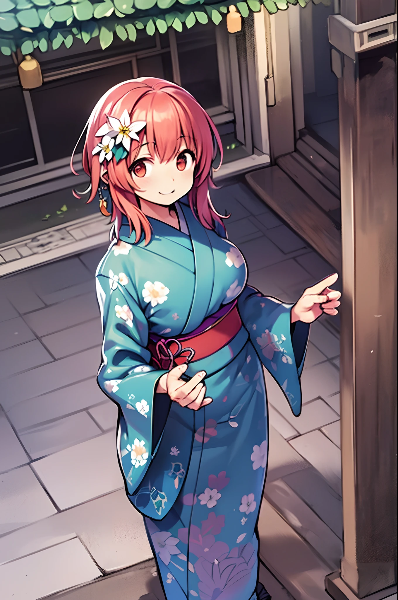 1girl in, Solo, From above, (White lily flowers), Aesthetic, Convoluted, Best Quality, Detailed background, Sayaka Miki, ((Girl in patterned teal kimono:1.2)), (Walk through the Zen Garden), Casual pose, Detailed textures, Posing, with floral pattern, Hair Flower, Hair Ornament, komono, Kimono, Obi, Outdoors, pagoda, flower petals, (Teal kimono), sash, shrines, skyporn, stone stairs, torii, Wide sleeves, Yukata