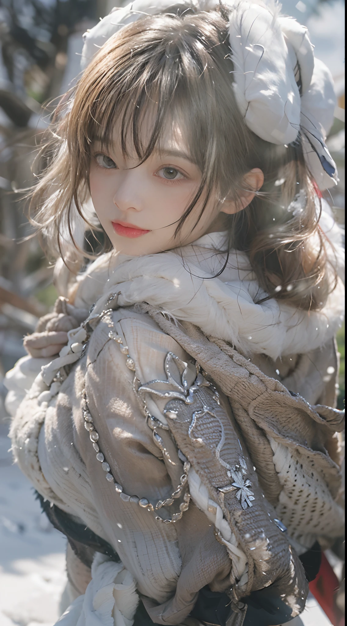 nffsw,Best Quality, masutepiece, 超A high resolution, (Realism: 1.4), Original photo, (True skin texture: 1.3), (filmg: 1.3), (Other angles), wide-angle lens, 16 year old woman, Bow sleigh、Beautiful eyes and face details, masutepiece, Best Quality, Full body, Look at the viewer、Siberia、snow mountains、bionde、de pele branca、Contre-Jour、Dancing snow、early evening