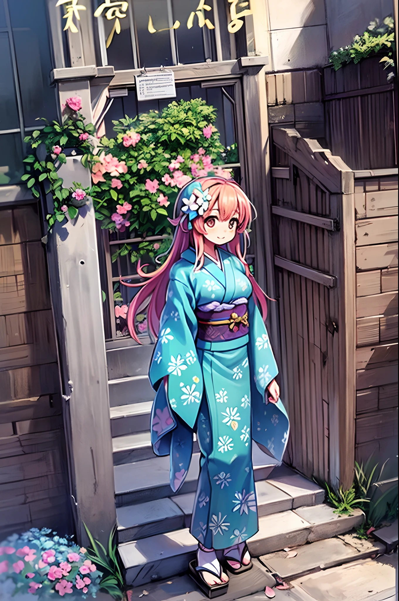 1girl in, Solo, From above, (White lily flowers), Aesthetic, Convoluted, Best Quality, Detailed background, Sayaka Miki, ((Girl in patterned teal kimono:1.2)), (Walk through the Zen Garden), Casual pose, Detailed textures, Posing, with floral pattern, Hair Flower, Hair Ornament, komono, Kimono, Obi, Outdoors, pagoda, flower petals, (Teal kimono), sash, shrines, skyporn, stone stairs, torii, Wide sleeves, Yukata