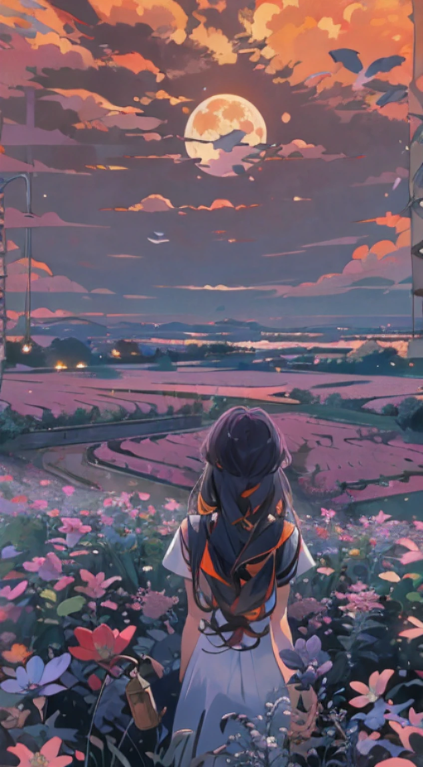 Expansive landscape photograph，（look from down，Above is the sky，Below are open fields），A girl standing on a flower field looking up，（moon full：1.2），（meteors：0.9），（Starcloud：1.3），Far Mountain, Tree BREAK making art，（Warm light source：1.2），（glowworm：1.2），lamp lights，Lots of purple and orange，Complicated details，Volumetriclighting，Realism BREAK（tmasterpiece：1.2），（best qualtiy），4K，Ultra-detailed，（dynamic compositions：1.4），The is very detailed，Colorful details，（Irridescent color：1.2），（luminouslighting，Atmospheric lighting），dream magical，magical，（独奏）,ultra very long shot(ova)	People from afar Great vision
