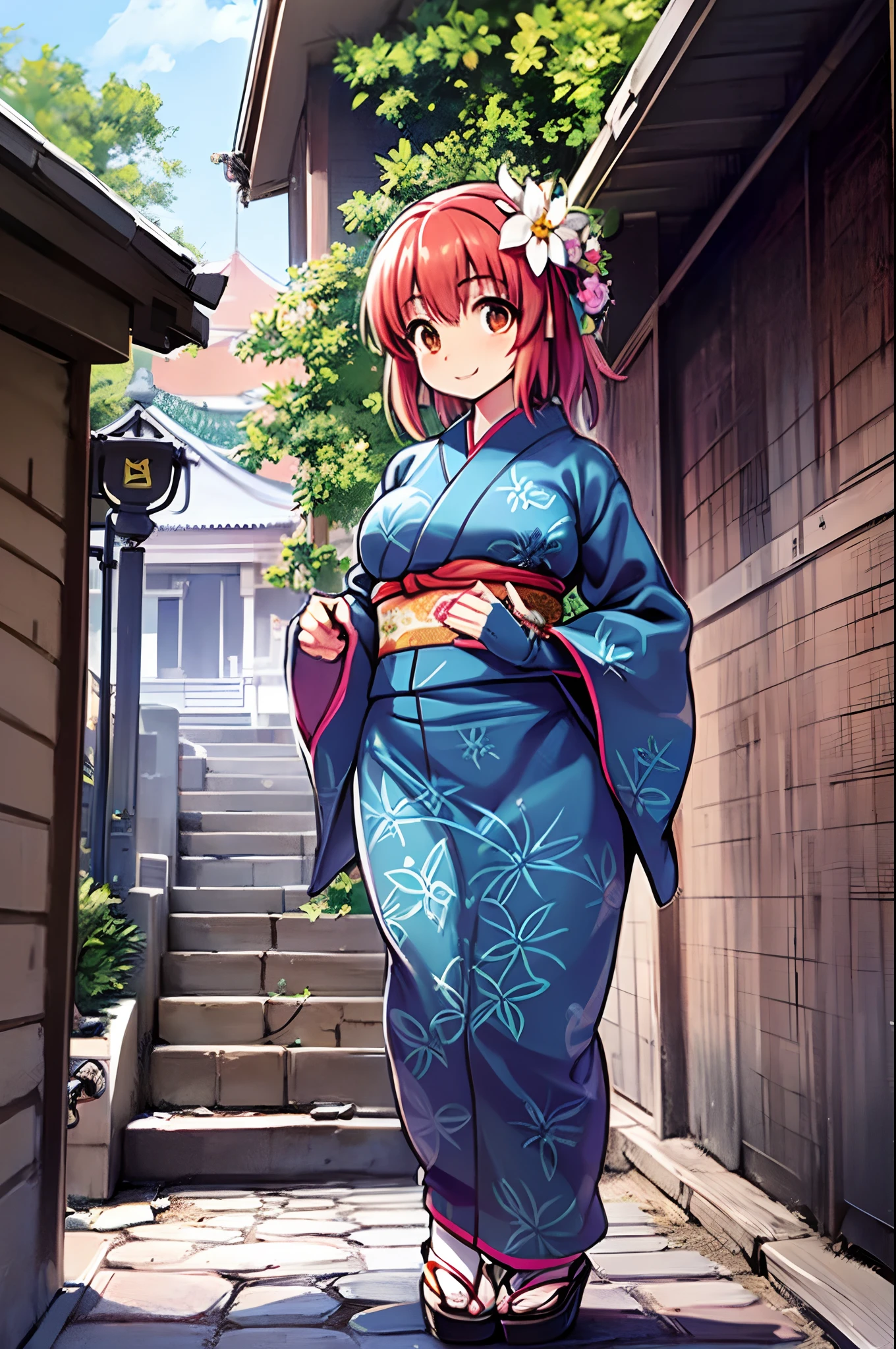1girl in, Solo, From above, (White lily flowers), Aesthetic, Convoluted, Best Quality, Detailed background, Sayaka Miki, ((Girl in patterned teal kimono:1.2)), (Walk through the Zen Garden), Casual pose, Detailed textures, Posing, with floral pattern, Hair Flower, Hair Ornament, komono, Kimono, Obi, Outdoors, pagoda, flower petals, (Teal kimono), sash, shrines, skyporn, stone stairs, torii, Wide sleeves, Yukata