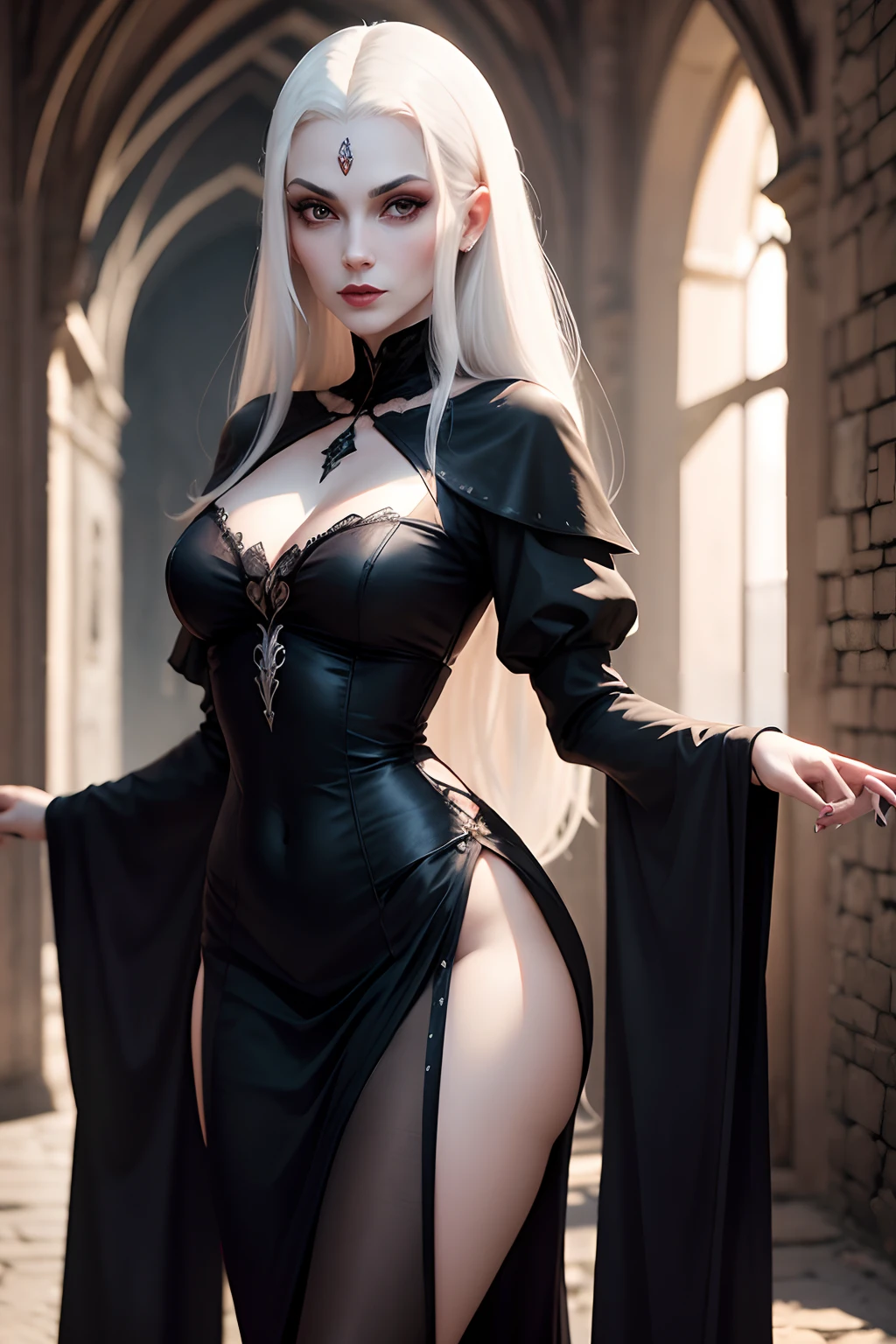 Condessa vampira, pale and slender, com roupas nobres medievais, de cabelos escuros e olhos hipnotizantes.