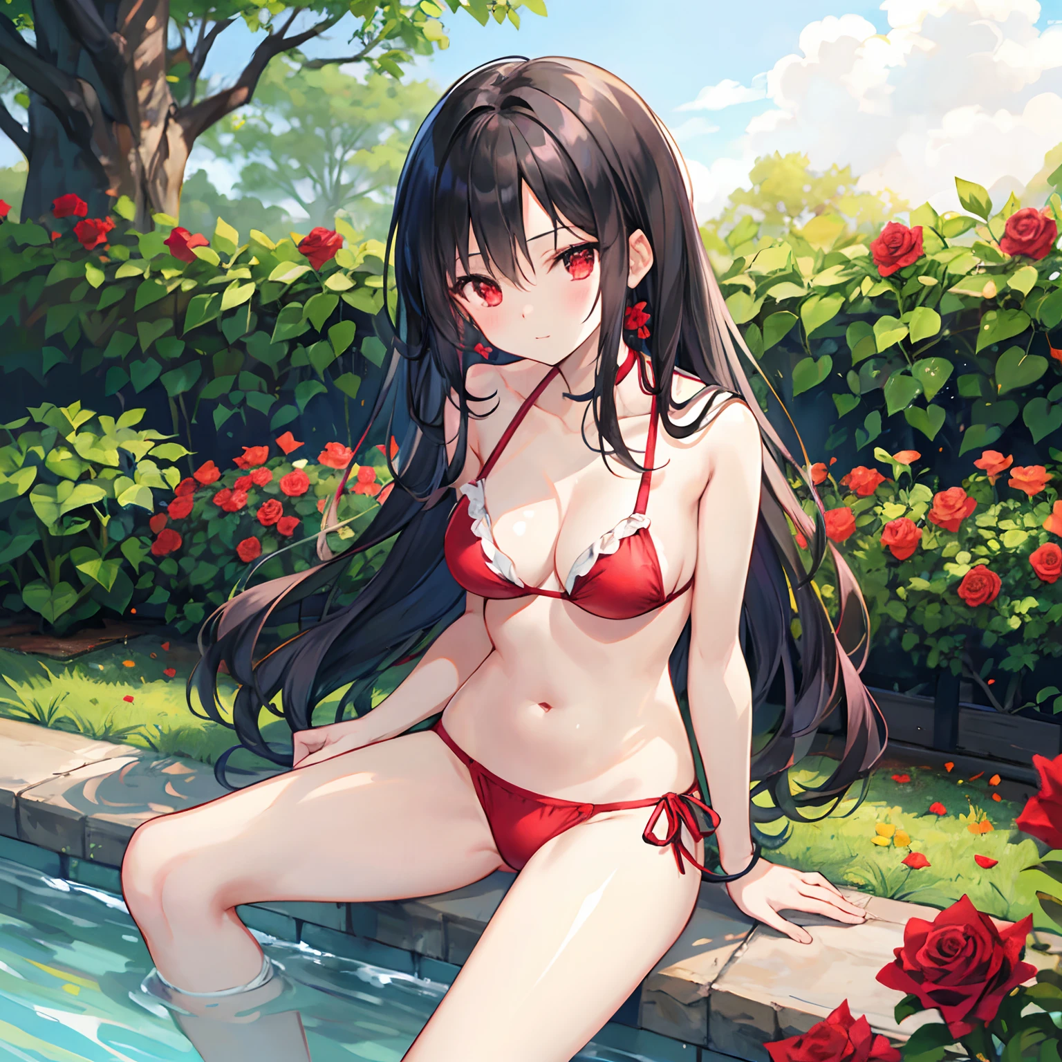 Wavy black hair、red eyes、Beautiful girl alone、Purple Bikini、Bright red rose garden、 sitting on