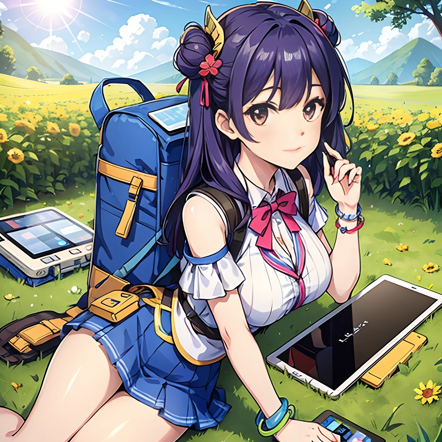 Goddess with backpack-type solar panel using tablet