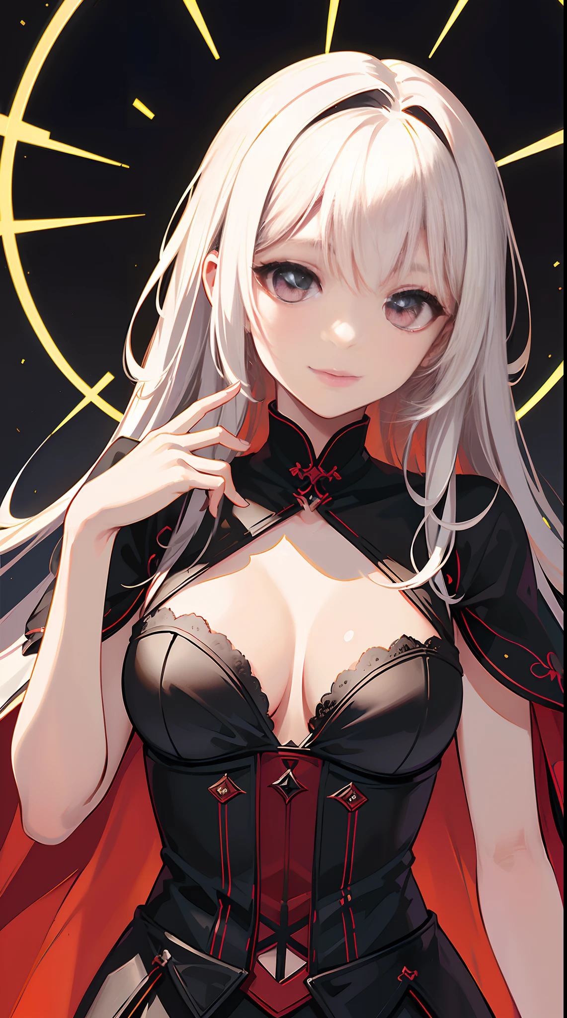 ((Good structure)),((well-composed)),Masterpiece,Best quality,Ultra-detailed,Black background:1.5),1girll,Solo,Light smile,Pretty face,((extremely delicate and beautiful girls)),Dynamic Angle,(Beautiful detailed eyes:1.2),( Chiaroscuro,Fuji colors, hyper HD, Super detail ,primitive,85mm,f/1.2,Fujifilm XT4,),Amazing,Fantasy red and black theme,see-through cloth,(Magic lightning:1),,