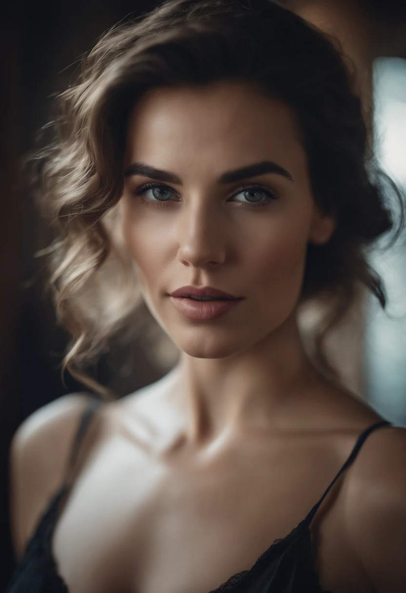 Beautiful woman with sweet face and slightly wavy bra hair