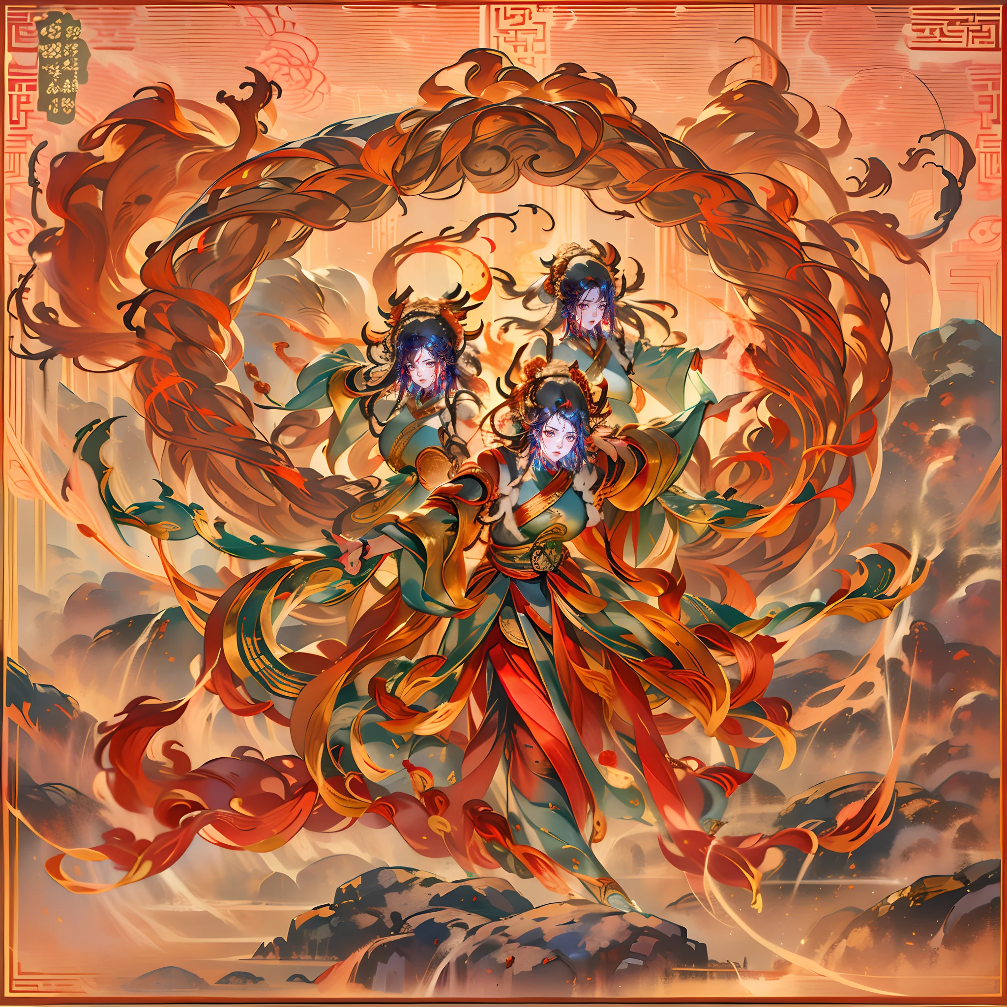 Three heads and six arms，Merry，Dashing，nezha，Dressed in flowing red silk，Feet on the fire wheel，Equipped with a fire-tipped gun，Xiangdai Qiankun Circle