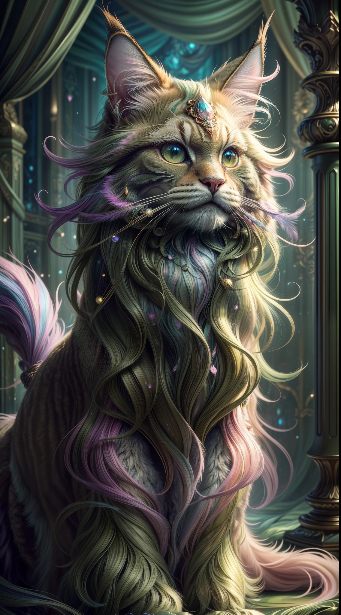 ((ultra-detailed)), (highly detailed CG illustration), ((an extremely delicate and beautiful maincoon)), cinematic light, Create a stunning fantasy artwork that mimics the style of currently trending masters of the genre. The art piece should contain elements of both mythic fantasy with colorful accents. ((Utilize various shades of olive green and watercolor pastels as the main color scheme.)) The maincoon in the artwork is a fluffy with an aura of mystery and magic, mesmerizing eyes with vibrant colors and bold shading. The fur of maincoon should be designed with gossamer feathers, silk, stunning embroidery, and subtle iridescent details. Incorporate dreamy colors, dynamic lighting, and detailed background elements to create a sense of awe and immersion. Include magical aura. Consider, (((masterpiece))), (((best quality)))