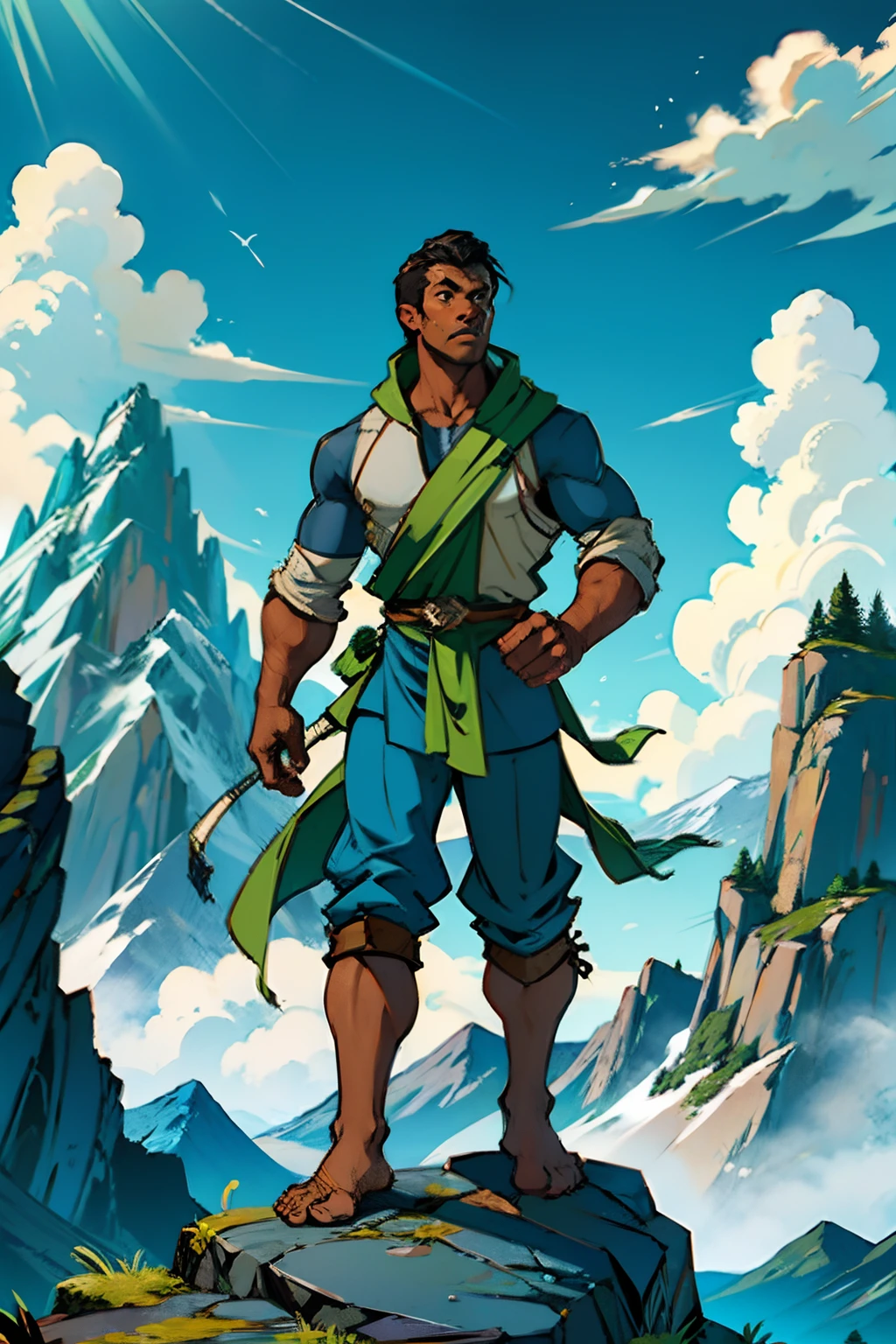 A dark skinned mountain climbing man standing proudly, at the top of a mountain, with a leg up on a rock, holding a green flag, background is mountain peaks cloudy skies, mood is culmination zenith, daytime light, character design.
