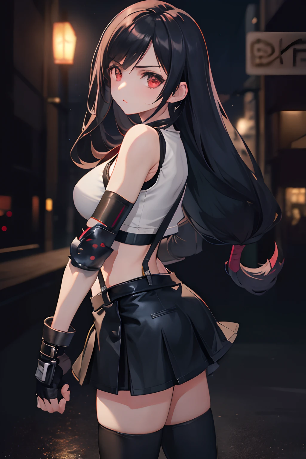 masterpiece, best quality, 7rtifa, crop top, arm guards, fingerless gloves, suspenders, pleated miniskirt, black thighhighs, fist, from side, looking at viewer, dystopian city, city street, night