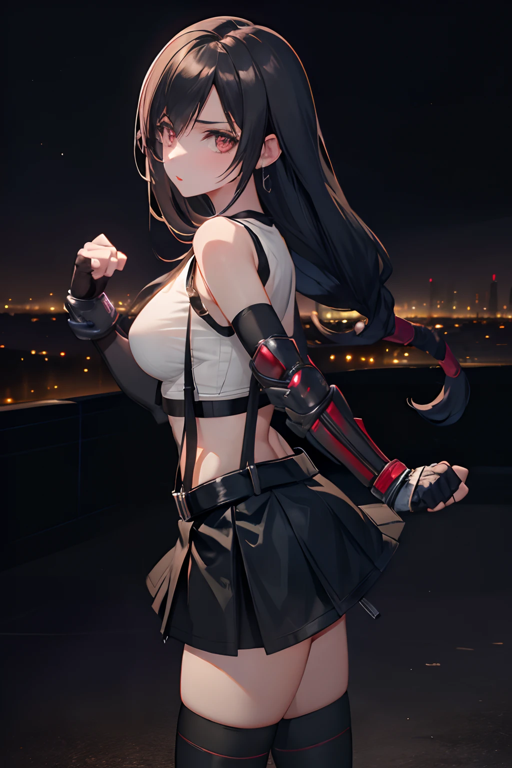 masterpiece, best quality, 7rtifa, crop top, arm guards, fingerless gloves, suspenders, pleated miniskirt, black thighhighs, fist, from side, looking at viewer, dystopian city, city street, night