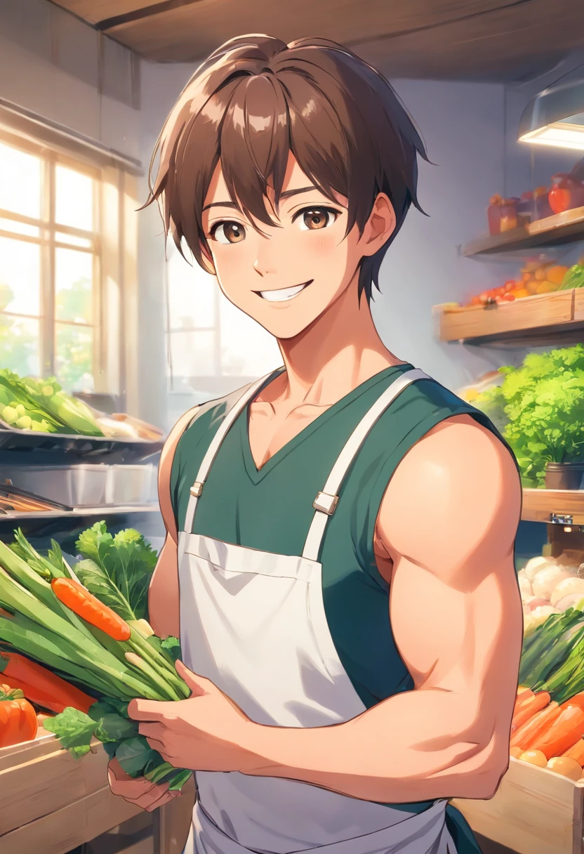 Smiling muscular man in apron holding a box of vegetables，Plump pectoral muscles，Abs，Upper body naked，thumb up, advertisement picture, advertising photograph, promo image, personal profile picture, gardening, farmer, promo art, Home and garden, Handsome man, attractive and good looking, professional picture, Attractive man, professional profile picture, high quality portrait, very professional, As well as handymen