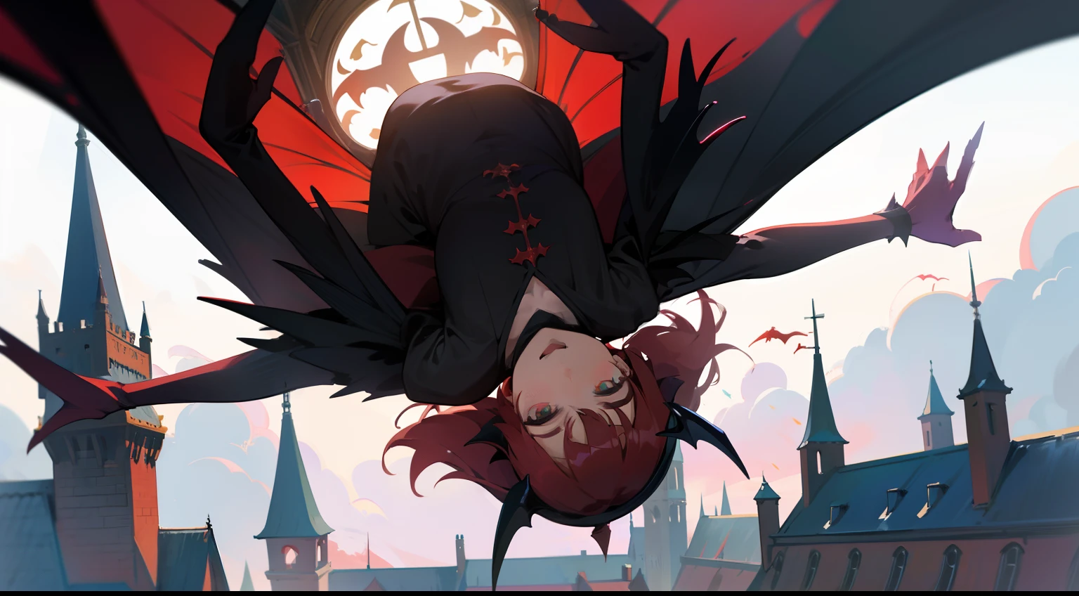 one-girl,black-clad,Red-haired demon,There is a pair of dragon wings on the back,There is a pair of dragon horns on the head,Put your head into the castle window,Hanging upside down on the roof of the bell tower,Western fantasy,Fairytales,Works of masters,A high resolution