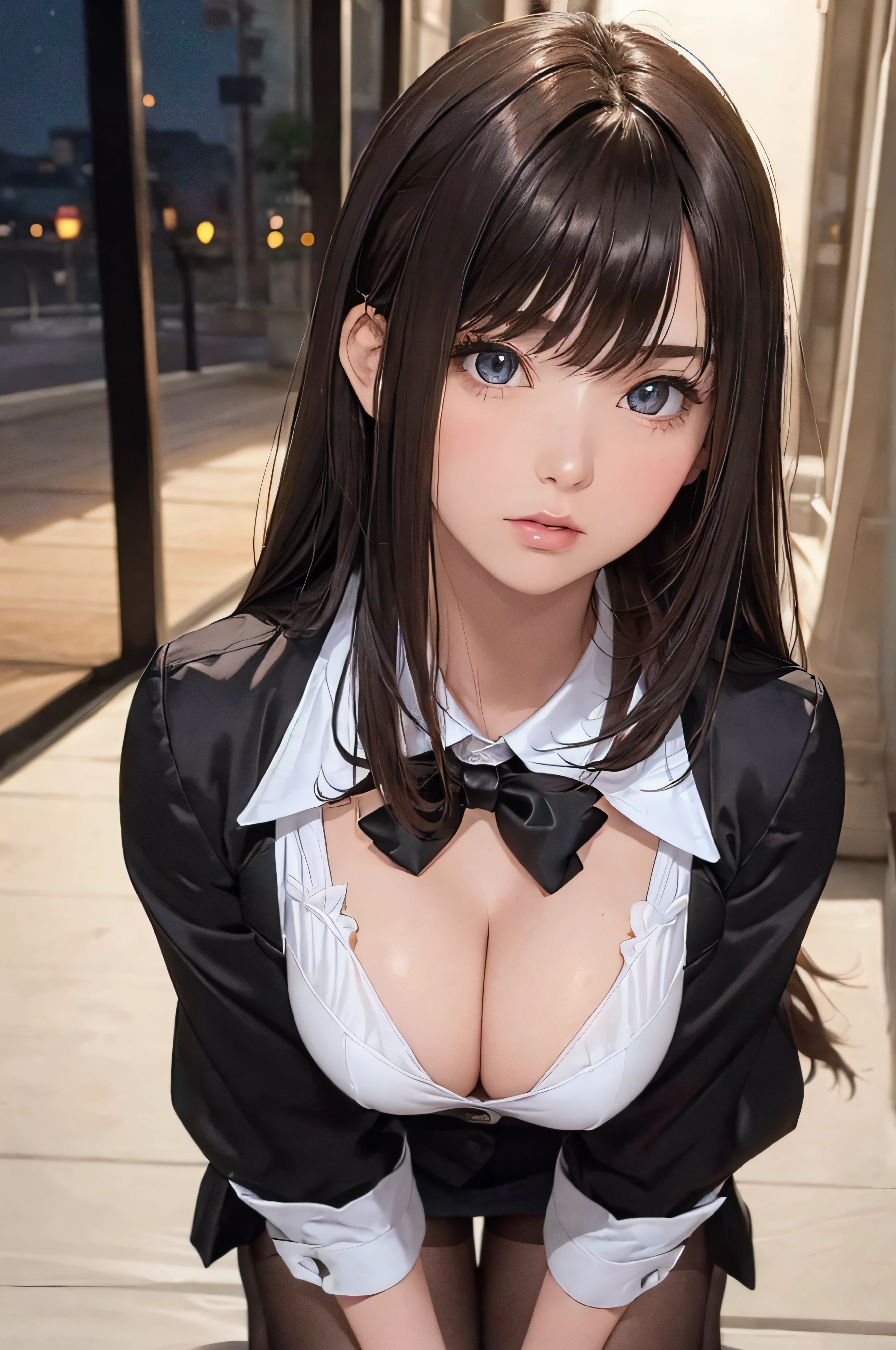 (1girl 24 years old:1.3), (photorealistic:1.4), (masterpiece, top quality, best quality, official art), extreme detailed, highest detailed, (ultra-detailed), ((an extremely delicate and beautiful)), cinematic light, (realisticlying:1.3), (highdetailskin:1.2), high resolution, 8K UHD, 4K, 8K, Bokeh, digital SLR camera, absurderes, Optimal proportions of four fingers and one thumb,
((silky long hair)), (brown hair), beautiful face, perfect face, highly detailed beautiful face,
Cute, shy,
walk around town, midnight,
dynamic angle, from above,
((Wearing a black formal blazer)), ((white blouse with collar)), cleavage, skirt, lacepantyhose, blue underwear,
open legs a little, kneel down,