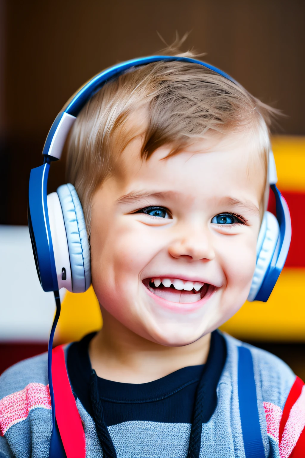 Foreigners wearing headphones Male study Laughing cute little bule a blond