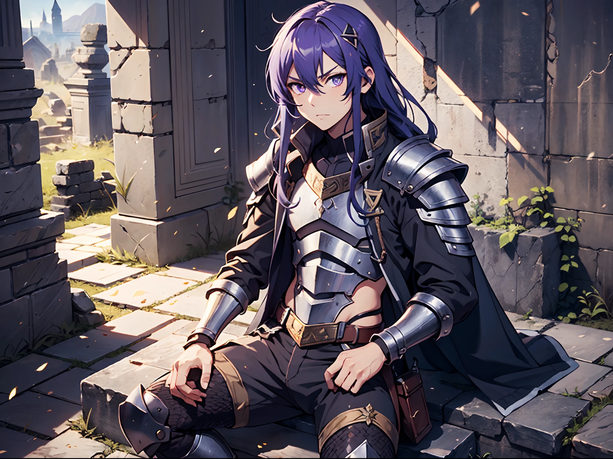 Ultra High Definition, Ultra High Quality, Extremely Detailed, 8k, 1 Boy, Rudeus Greyrat From Mushoku Tensei Anime, Handsome, Armored With War General Armor, Pure Purple Pupil Eyes, Long Haired Tied With Chinese Hairpin, Body To Legs Body Shot, Ancient Ruins Background,