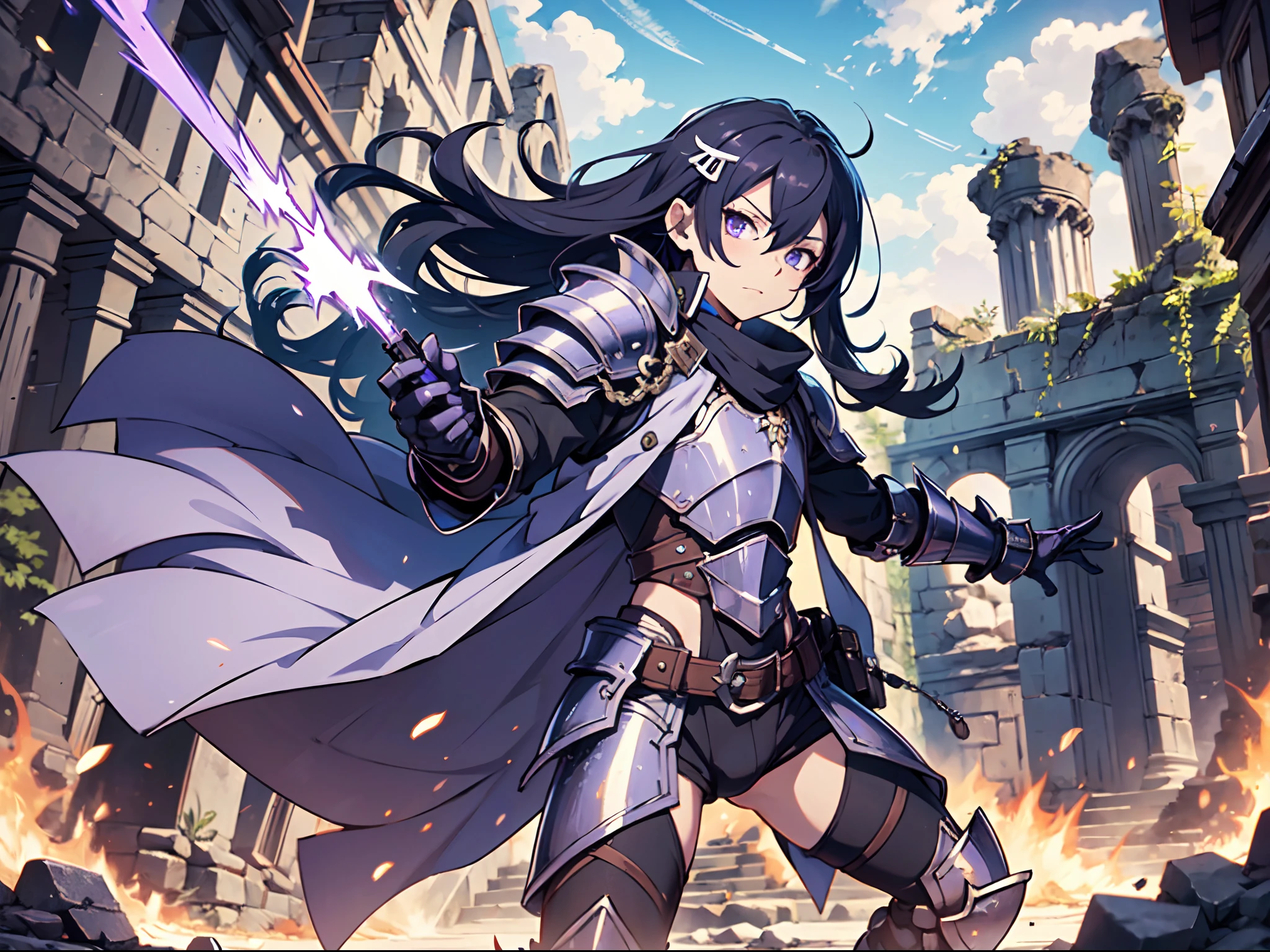 Ultra High Definition, Ultra High Quality, Extremely Detailed, 8k, 1 Boy, Rudeus Greyrat From Mushoku Tensei Anime, Handsome, Armored With War General Armor, Pure Purple Pupil Eyes, Long Haired Tied With Chinese Hairpin, Body To Legs Body Shot, Ancient Ruins Background,