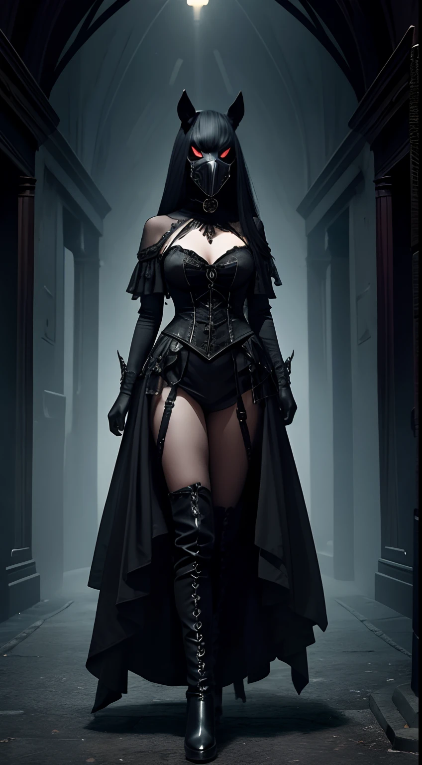 horse mask, gothic style, creepy, sexy, dark fantasy, magic ball background, dark energy steam, full body