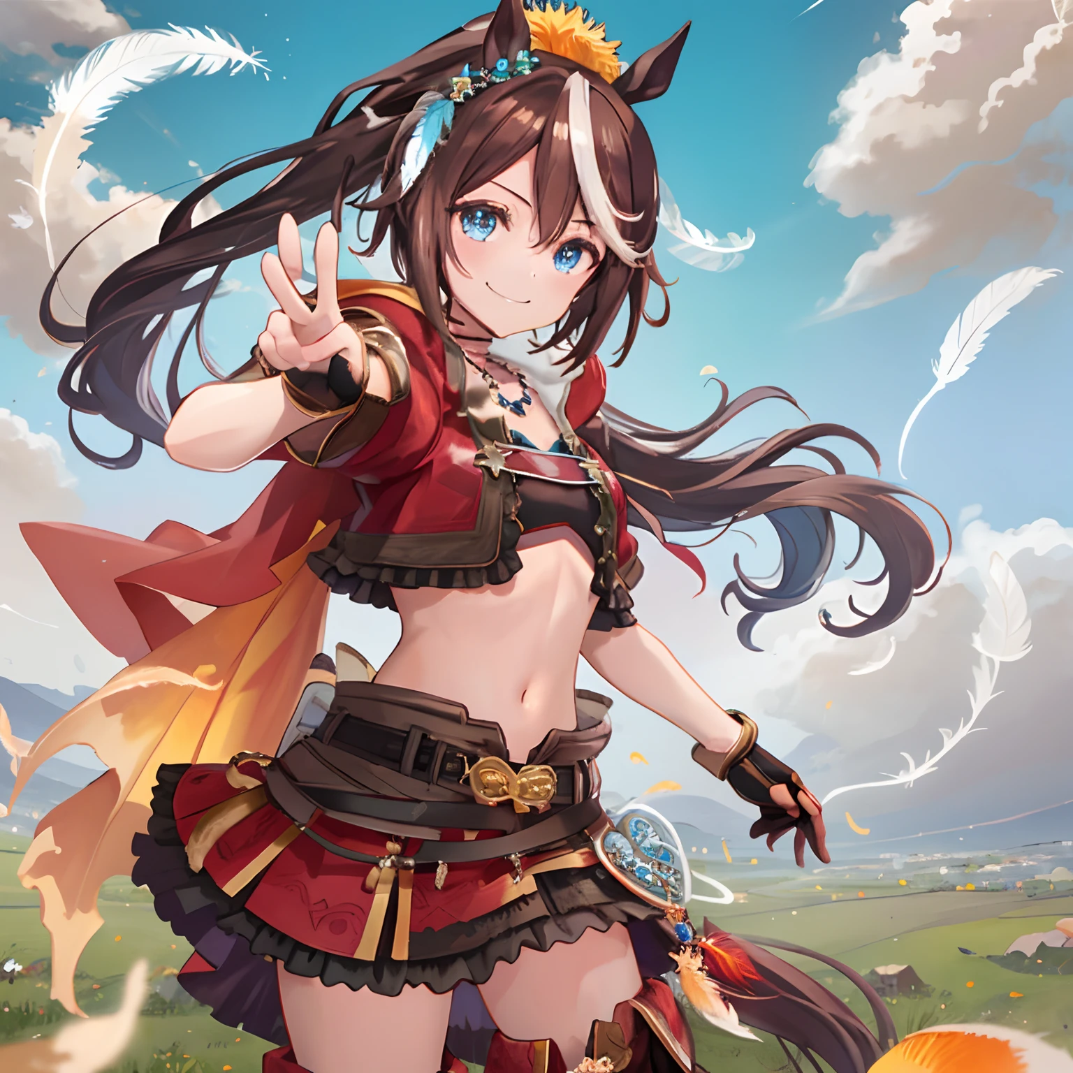 ((masterpiece, best quality)),1girl,Tokai Teio,Tokai Teio(horizon),horse ears,horse girl,brown hair,long hair,high ponytail,streaked_hair,multicolored_hair,blue eyes,jacket,cropped jacket,crop top,midriff,fingerless gloves,short sleeves,navel,skirt,belt,cape,jewelry,frills,hair ornament,hood down,necklace,thighhighs,boots,official_alternate_costume ,smile,victory pose,on grass,cloudy sky,burning feathers, fire,