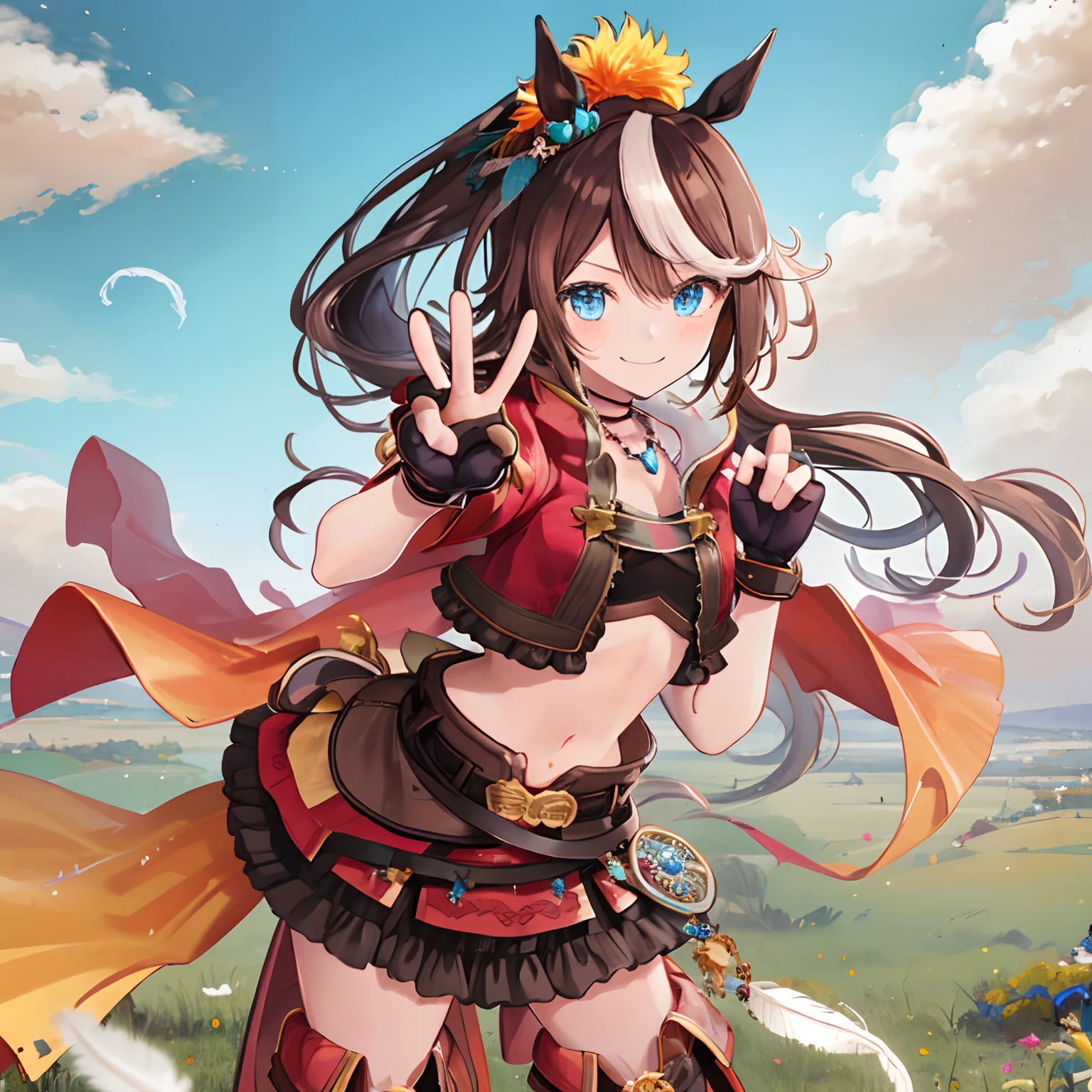 ((masterpiece, best quality)),1girl,Tokai Teio,Tokai Teio(horizon),horse ears,horse girl,brown hair,long hair,high ponytail,streaked_hair,multicolored_hair,blue eyes,jacket,cropped jacket,crop top,midriff,fingerless gloves,short sleeves,navel,skirt,belt,cape,jewelry,frills,hair ornament,hood down,necklace,thighhighs,boots,official_alternate_costume ,smile,victory pose,on grass,cloudy sky,burning feathers, fire,