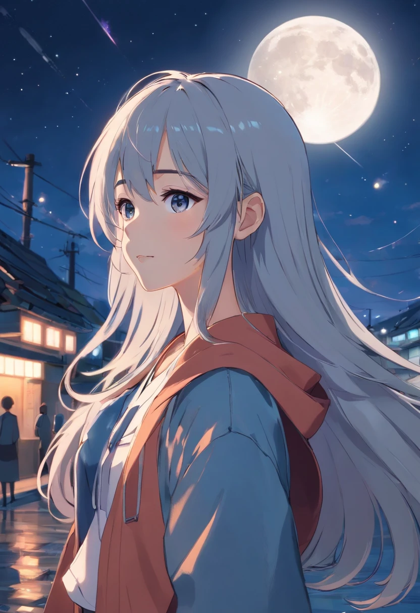 Long hair,the night,full moon,Silver-haired girl,校服,A slight smil,Look at the photo shot