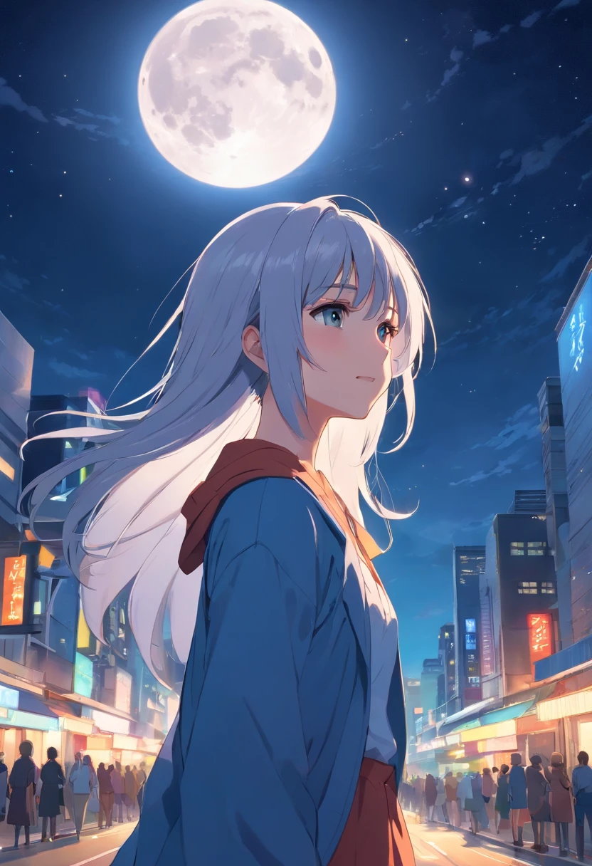 Long hair，the night，full moon，Silver-haired girl，校服，A slight smil，Look at the photo shot